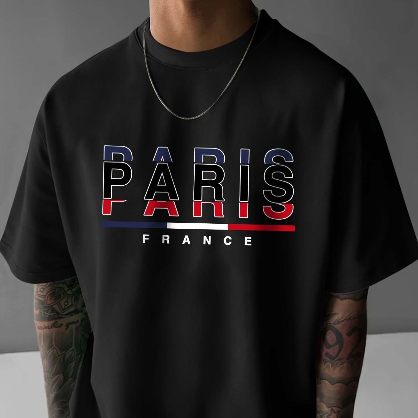 

Paris Color Block Contrast Printed, Men's Casual Trendy Fashion Crew Neck T-shirt For Summer And Spring