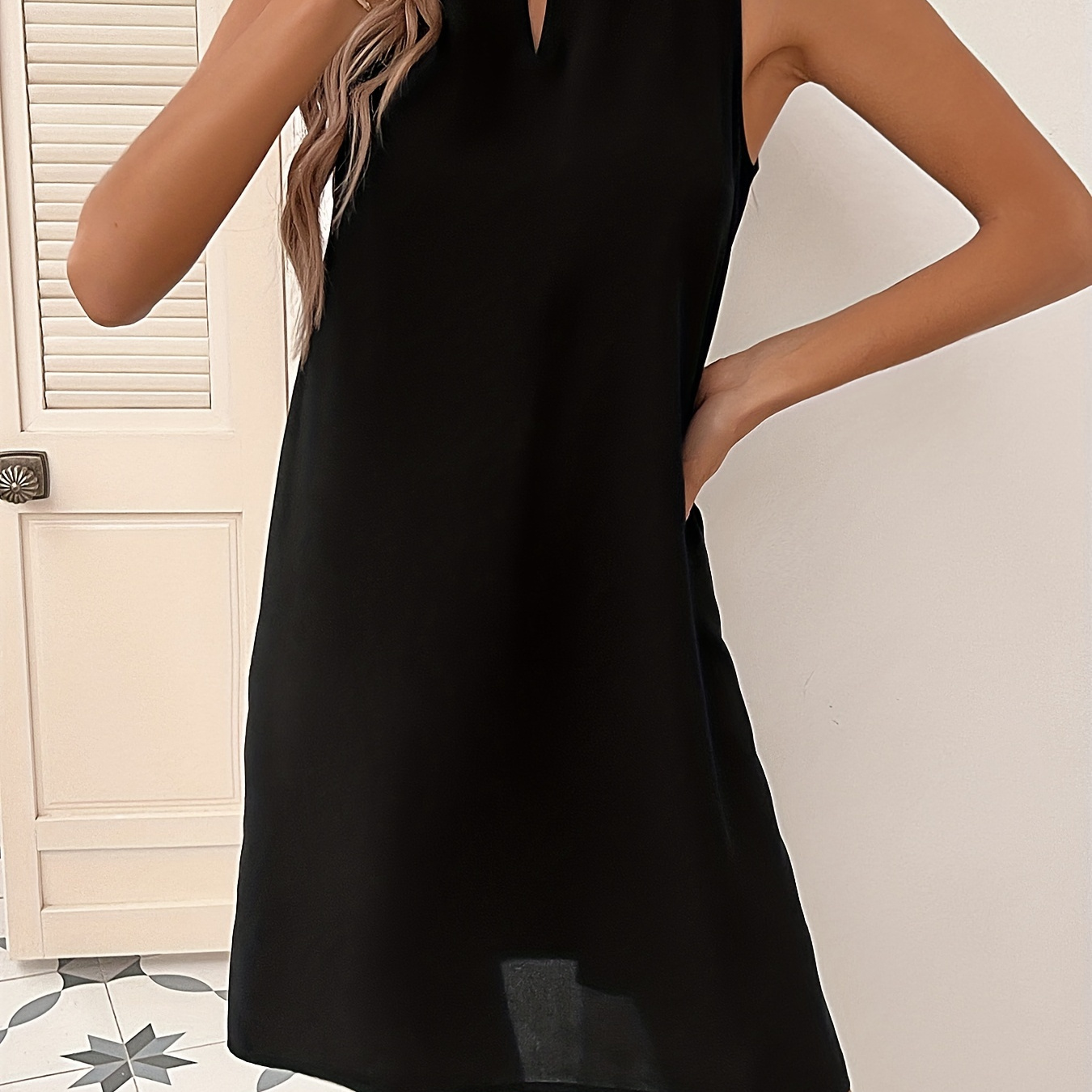 

Solid Notch Neck Tank Dress, Casual Sleeveless Above Knee Dress, Women's Clothing