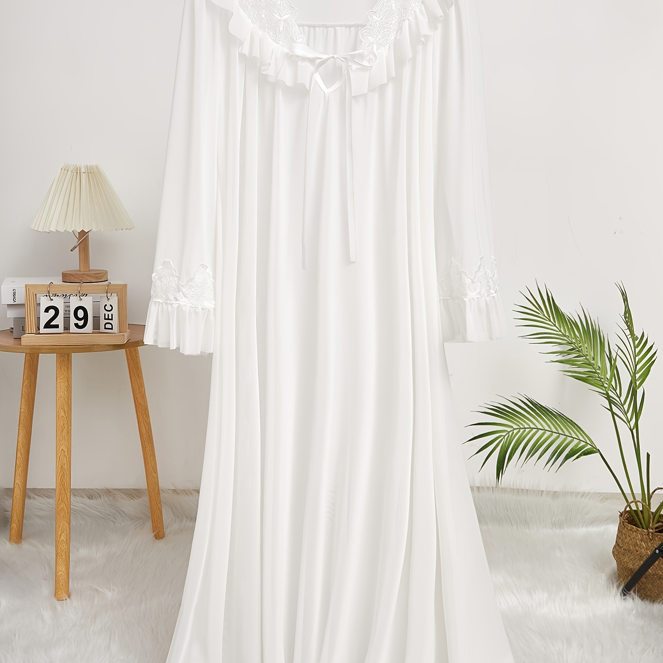 

Women's Elegant Lace-trimmed Ruffle Trim Maxi Nightgown, Elegant Solid Color Sleepwear Autumn