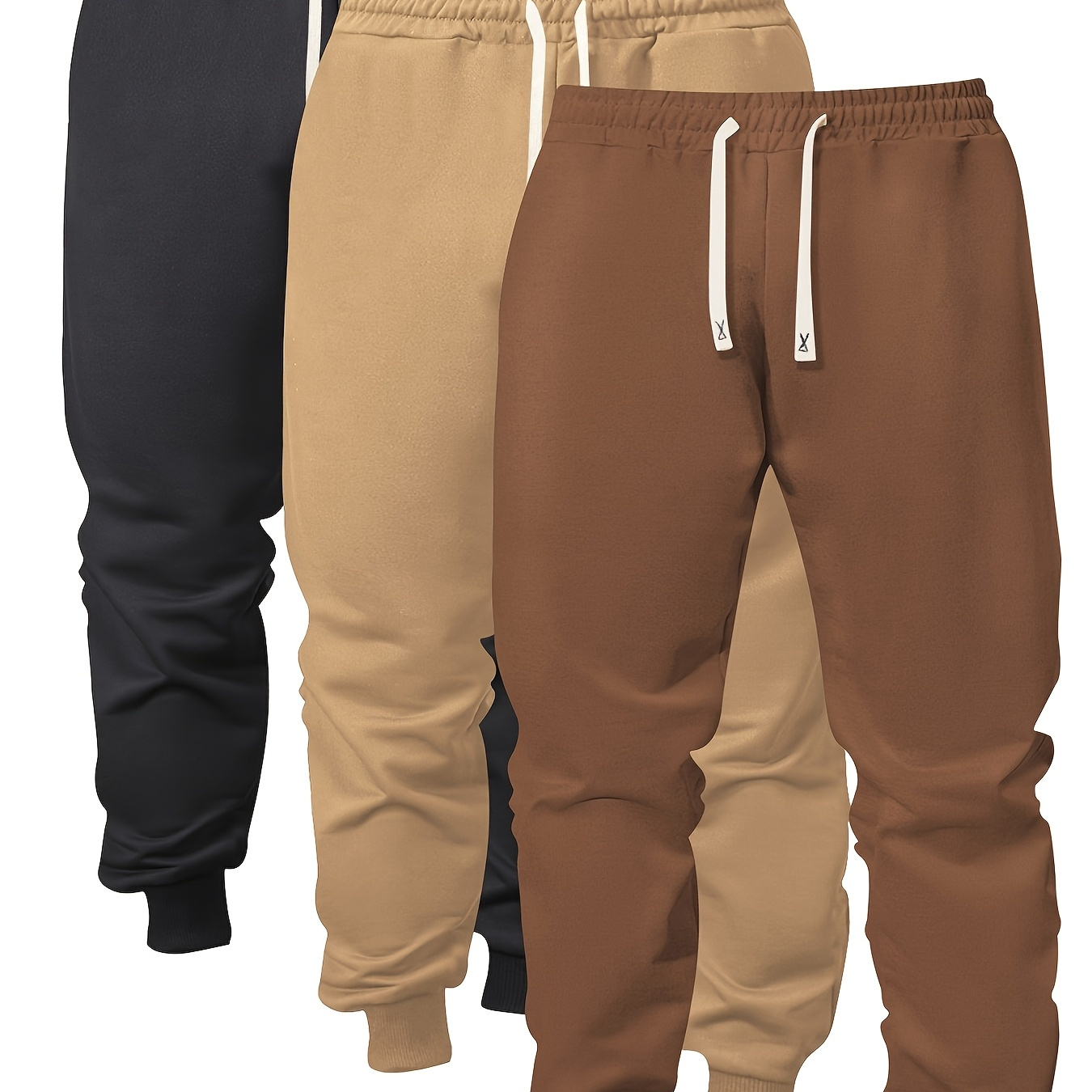 

3-pack Men's Casual Sweatpants, Polyester Knit Waist Drawstring Joggers With Pockets, Solid Color Regular Fit Trousers For Sports And Outdoor Activities