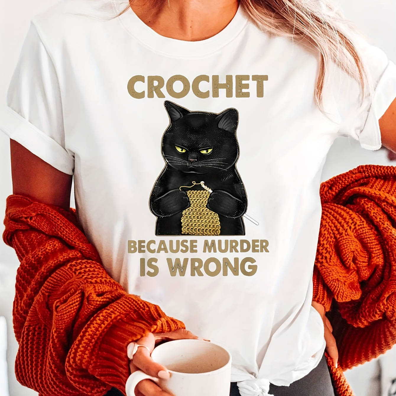 

Crochet Cat Print Crew Neck T-shirt, Short Sleeve Casual Top For Summer & Spring, Women's Clothing