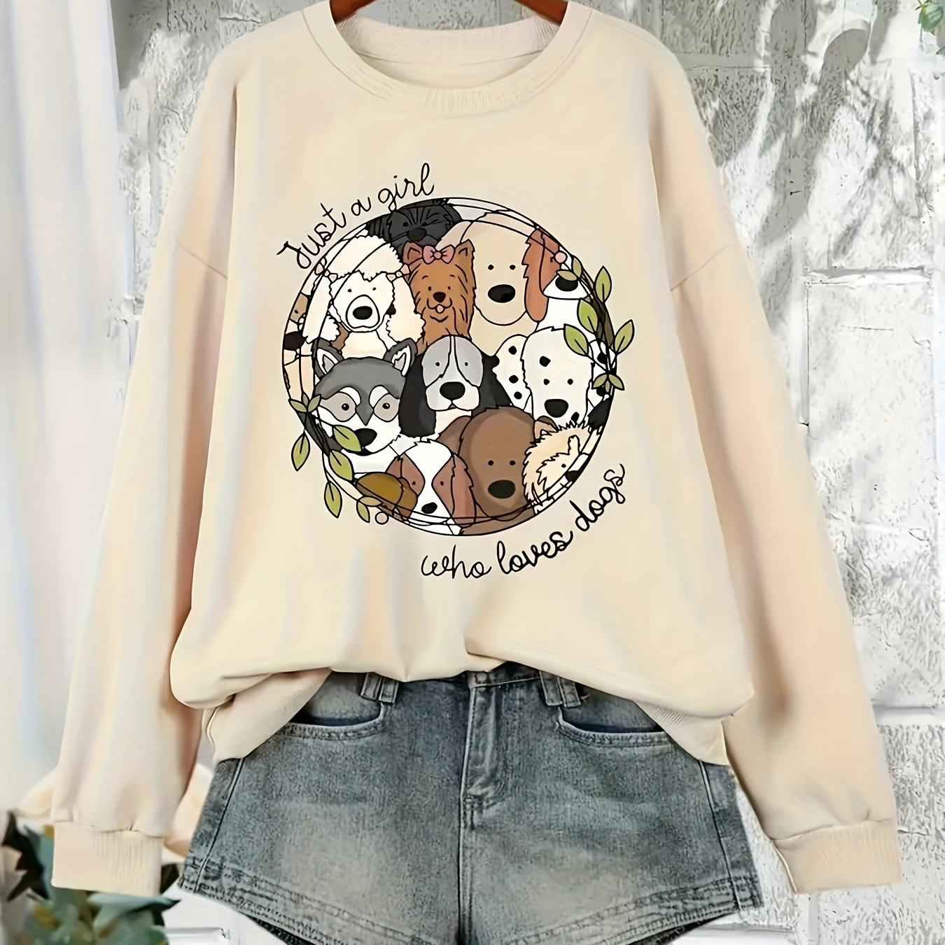 

Plus Size Cute Puppies Graphic Print Sweatshirt, Crew Neck Casual Sweatshirt For Fall & Spring, Women's Plus Size Clothing