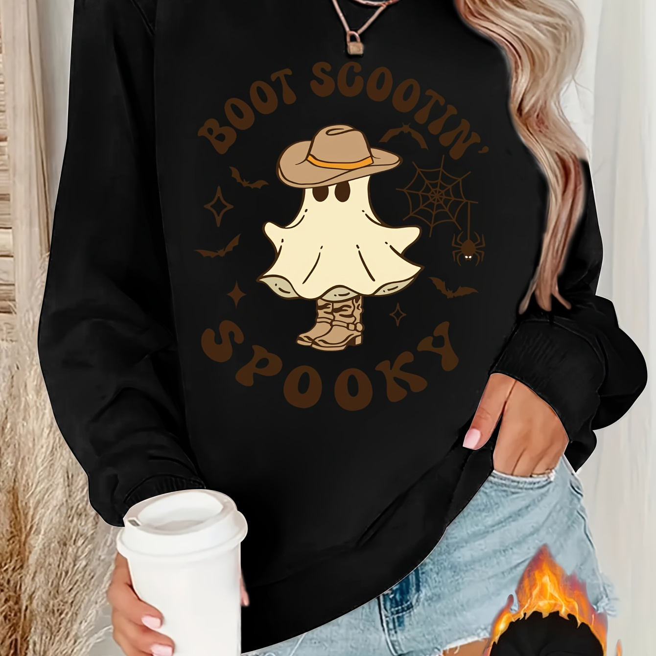 

Halloween Print Sweatshirt, Crew Neck Casual Sweatshirt For Winter & Fall, Women's Clothing