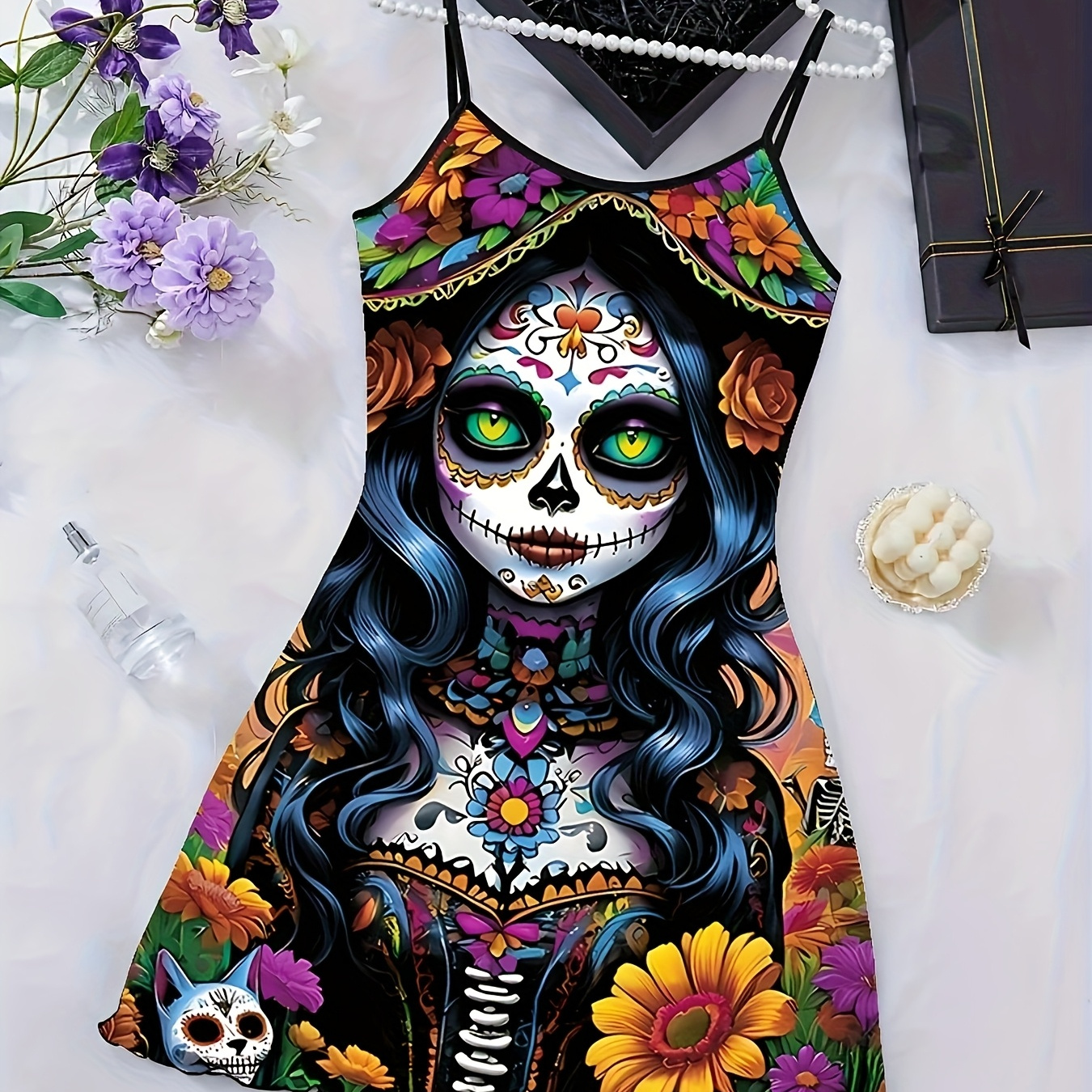 TEMU Women's Comfortable Soft Casual Round Neck Camisole, Halloween Skeleton Print Nightgown