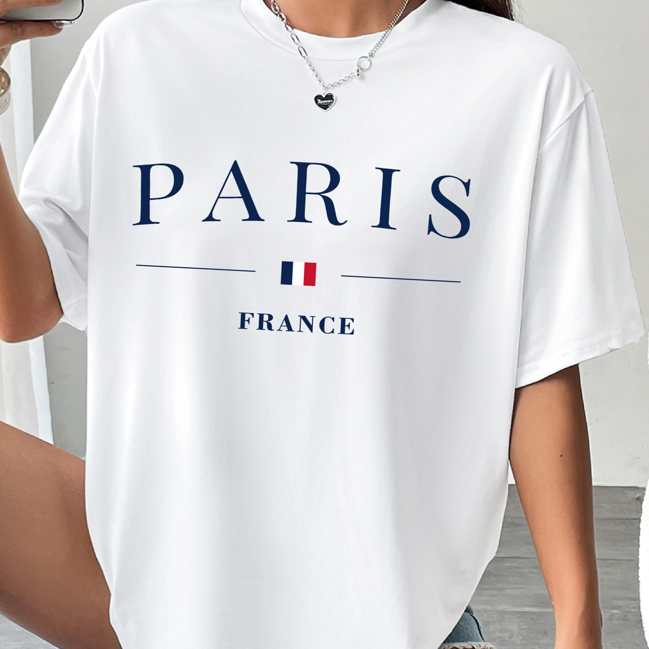 

Paris Print Drop Shoulder T-shirt, Short Sleeve Crew Neck Casual Top For Spring & Summer, Women's Clothing