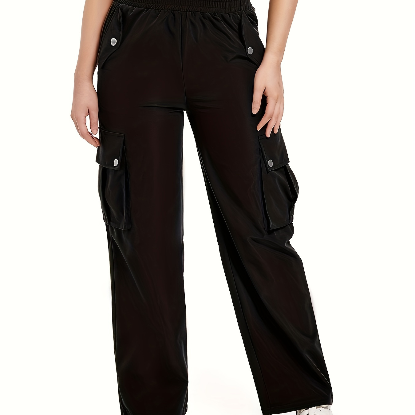 Solid Flap Pocket Loose Cargo Pants, Casual Elastic Waist Pants For All  Season, Women's Clothing
