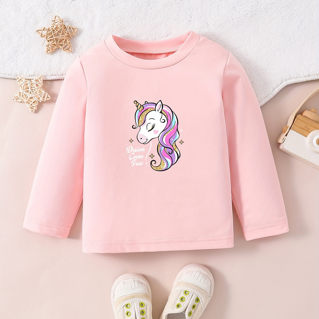 

Unicorn Print Girl's Comfy Long Sleeve T-shirt, Kids Casual Round Neck Cotton Premium Spring Fall Top