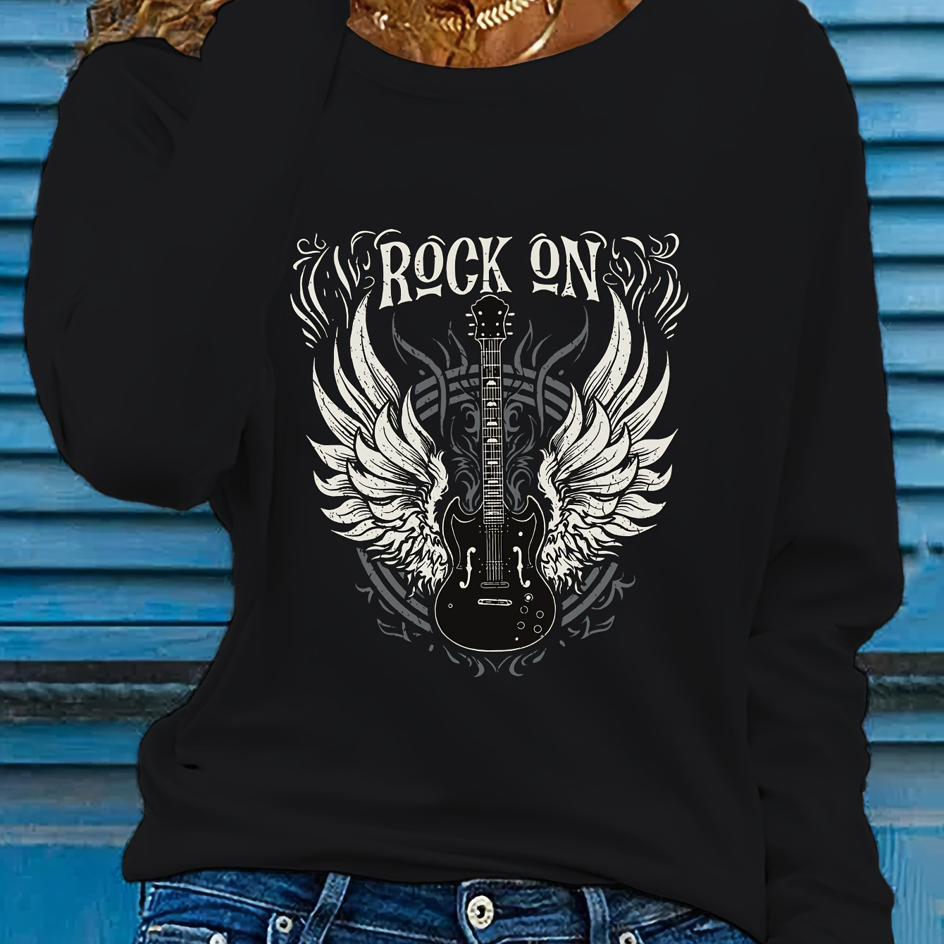 

Guitar Print T-shirt, Long Sleeve Crew Neck Casual Top For Spring & Fall, Women's Clothing