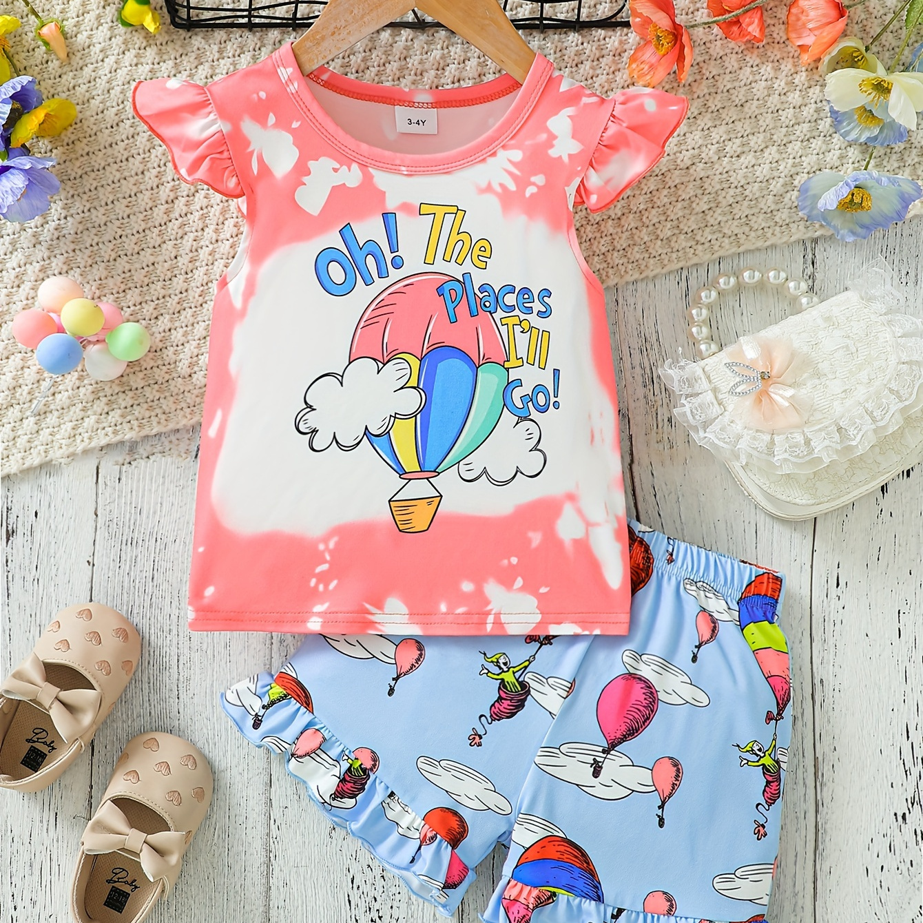 

Girls Cute 2pcs Ruffle Sleeve Top & Full Print Shorts Set With Hot Air Balloons Print, Casual Outfit Summer Clothes