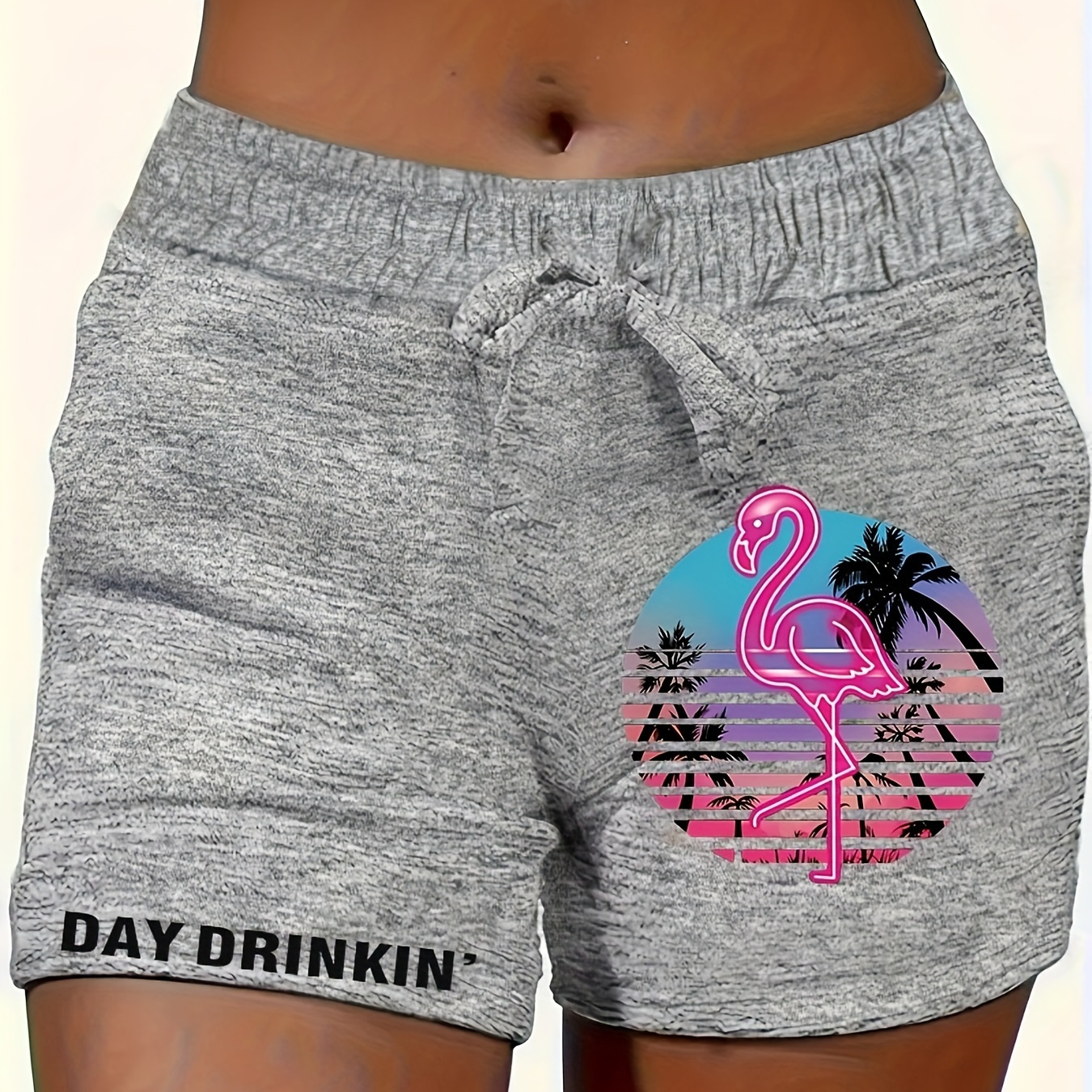 

Flamingo & Tree Print Shorts, Casual Drawstring Waist Shorts For Spring & Summer, Women's Clothing