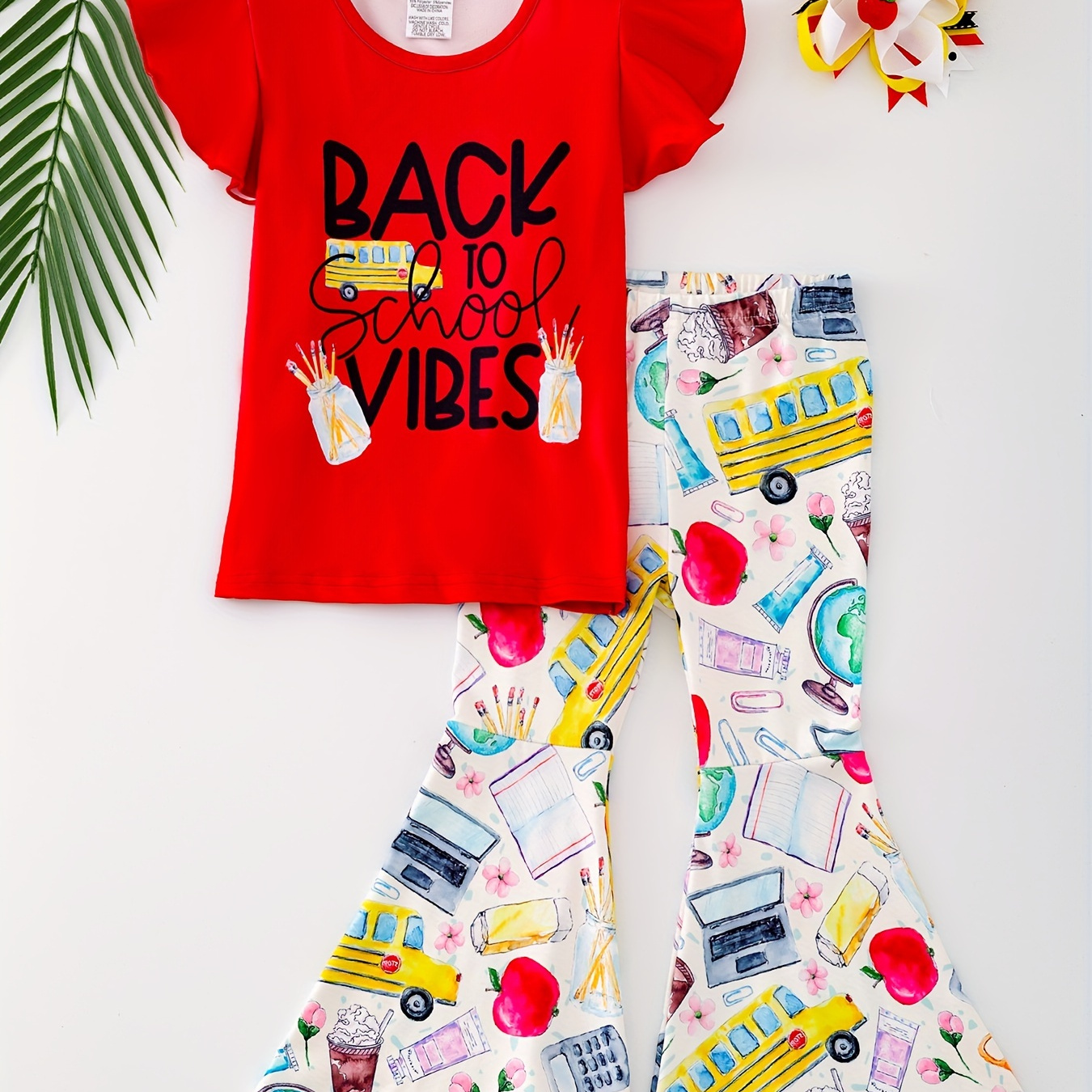 

2pcs, Back To School Vibes Print Short Sleeve Crew Neck T-shirt + Cartoon Items Graphic Flare Pants Set For Girls, Homecoming Day Summer Gift