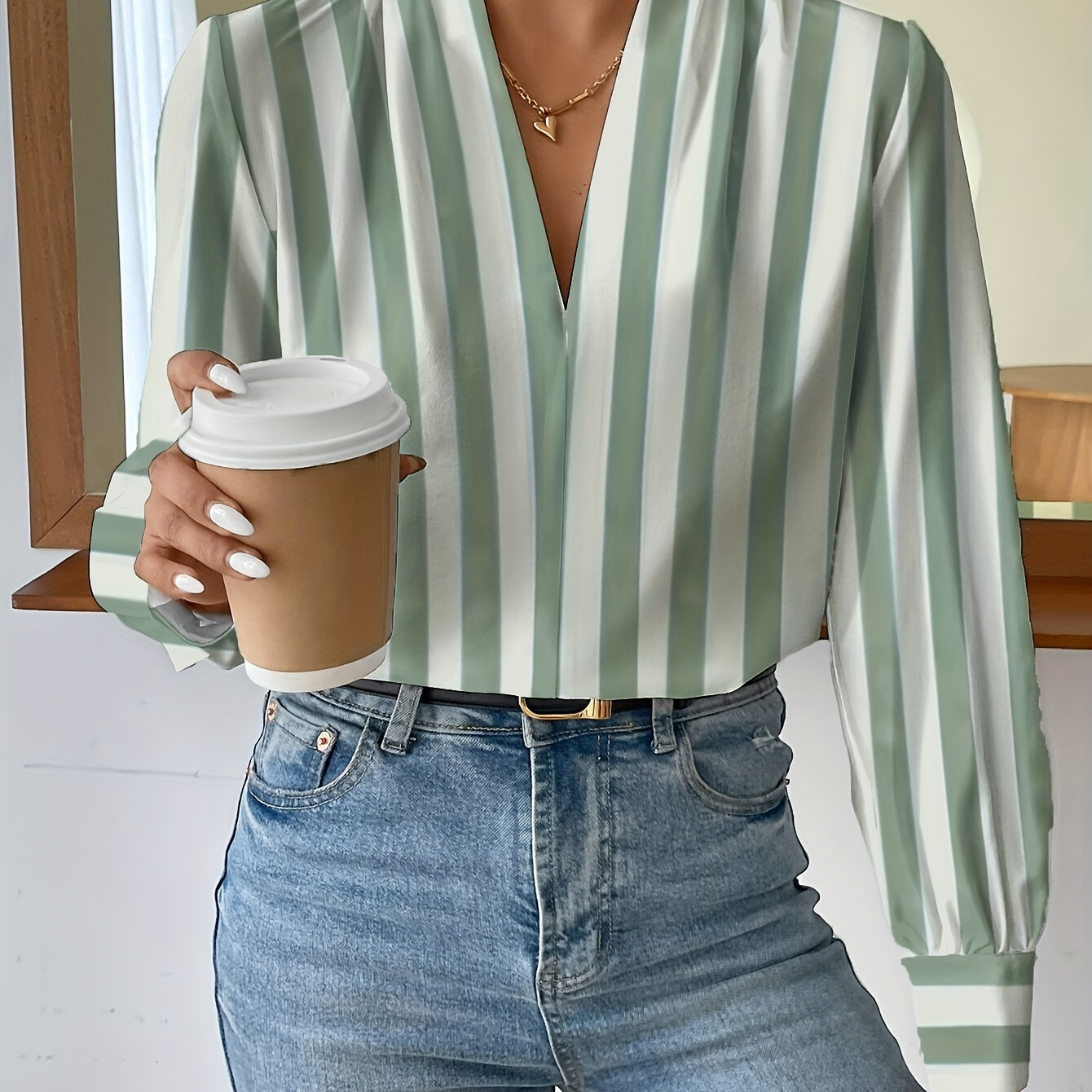 

Striped V-neck Blouse, Elegant Long Sleeve Blouse For Spring & Fall, Women's Clothing