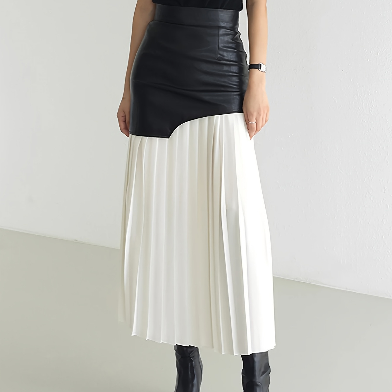 

Elegant Asymmetrical Leather & Chiffon Pleated Midi Skirt For Women - Machine Washable, Semi-sheer, Solid Color