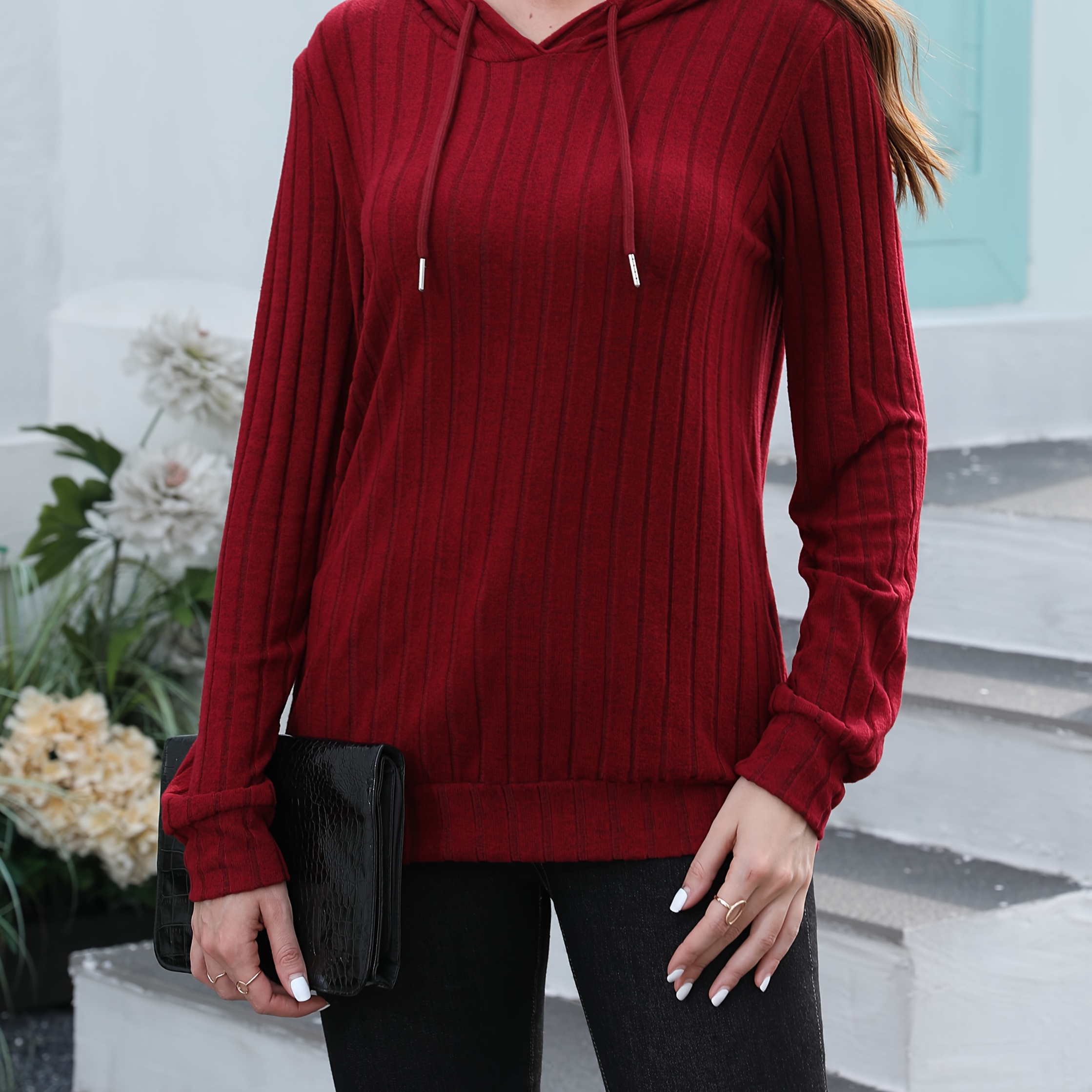 

Sweat à Capuche Élégant Rouge pour Femme - Pull Uni Chic avec Détail de Cordon et Fermeture Éclair, Manches Longues, Lavable en Machine - pour /Hiver, Sweat à Capuche Oversize