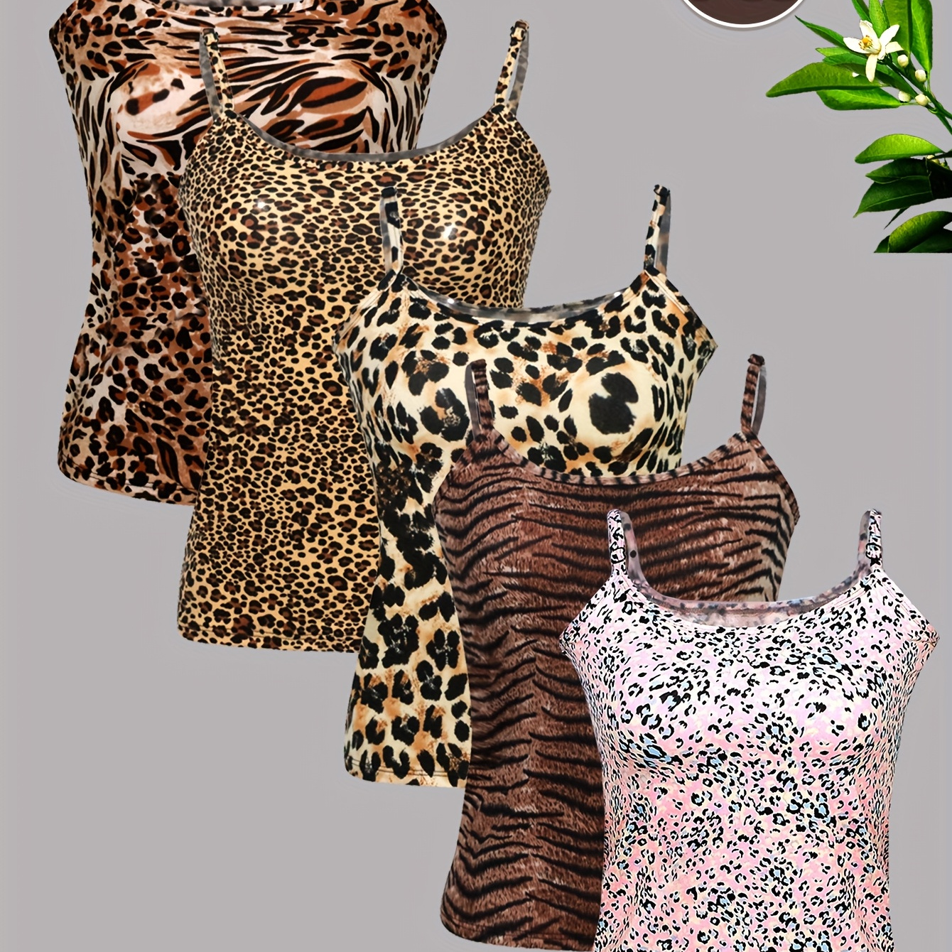 

5pcs Chic Leopard Print Cami Tops For Women - Sexy Slim Fit With V-neck, Spaghetti Straps, Polyester & Elastane , Non-see-through, Spring/summer/fall, In Zebra, Leopard, And Dalmatian Patterns