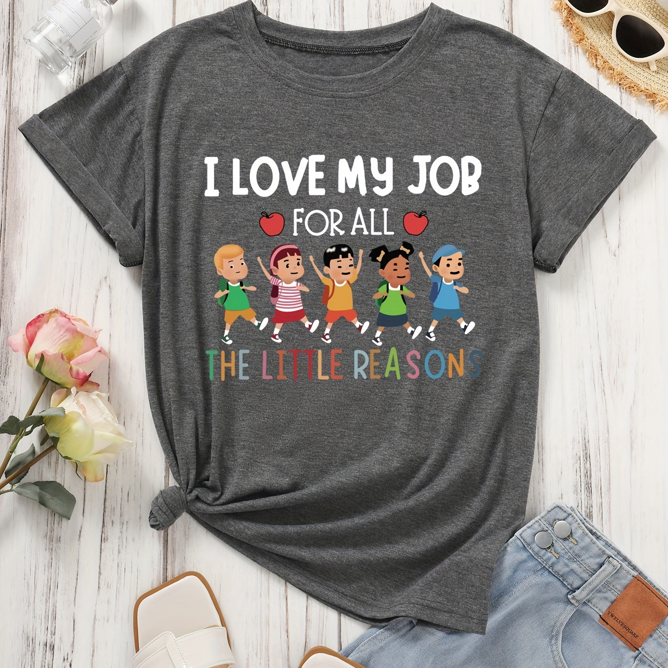 

I Love . Graphic Printed Round Neck T-shirts, Spring/summer Casual Short Sleeved Tops, Women's Clothing