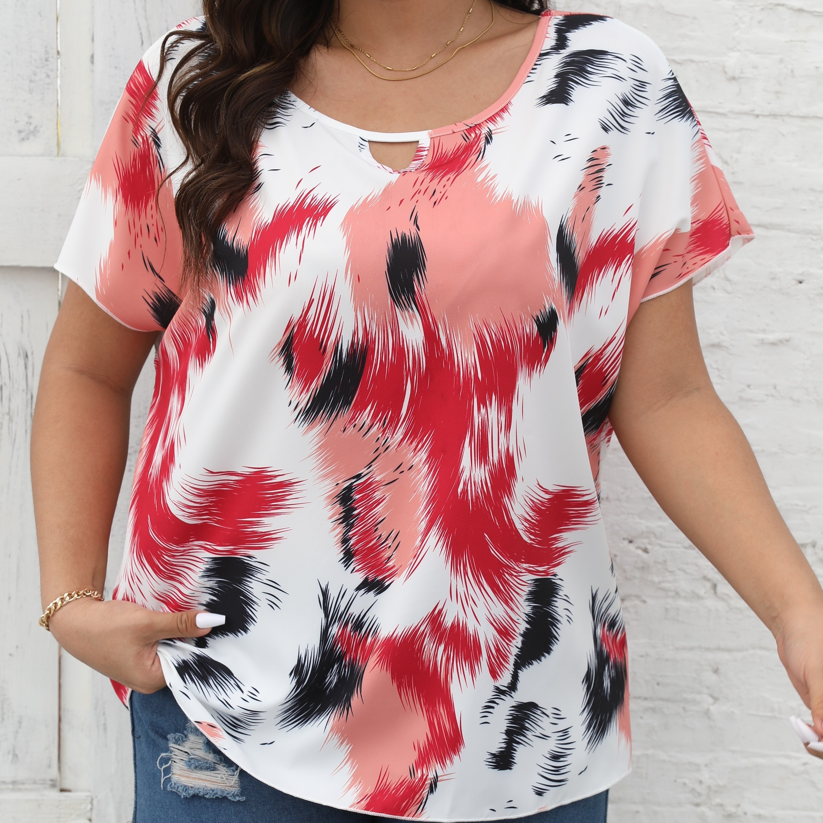 

Plus Size Casual Blouse, Women's Plus Brush Print Batwing Sleeve Keyhole Round Neck Shirt Top