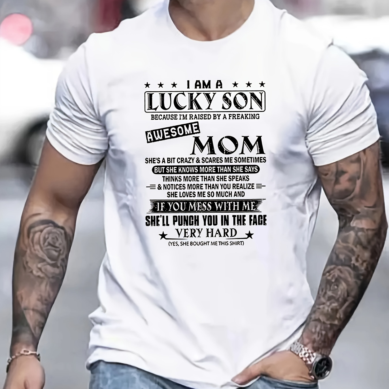 

Raised By An Awesome Mom Print T Shirt, Tees For Men, Casual Short Sleeve T-shirt For Summer