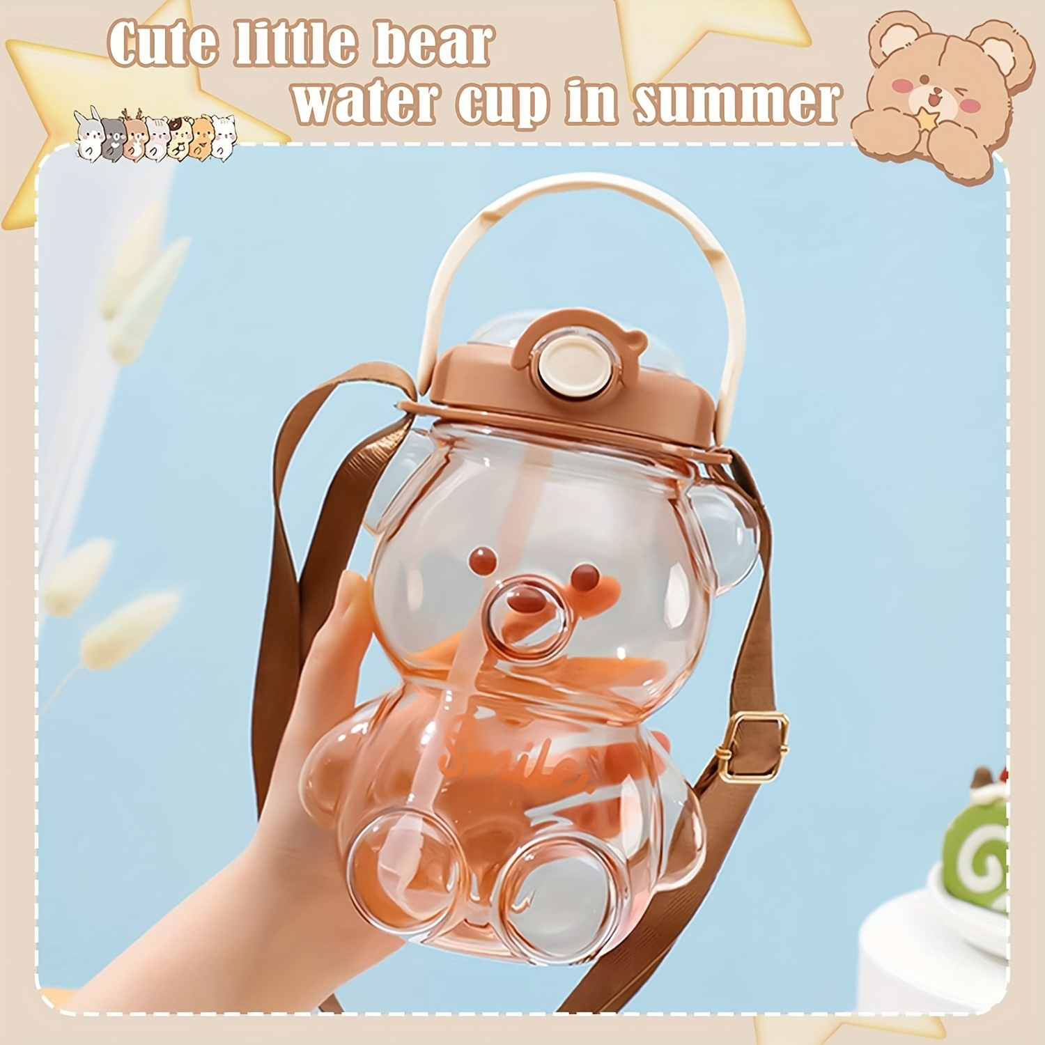 Cute Bear Water Bottle With Adjustable Shoulder Strap & Straw - Creative  Portable Water Bottle For Outdoor Camping - Temu