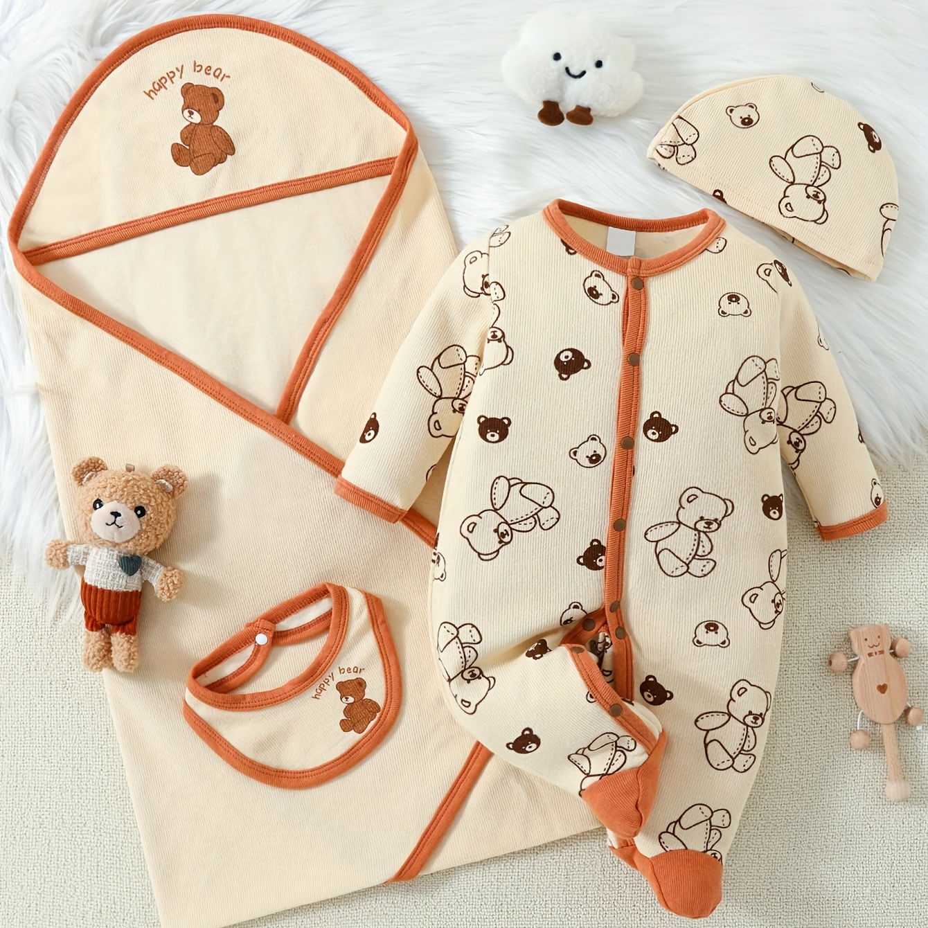 

Baby Girl Romper Cute Bear Print Outfits, One-piece Romper + Hat + Baby Bib + Baby Blanket Four-piece Set