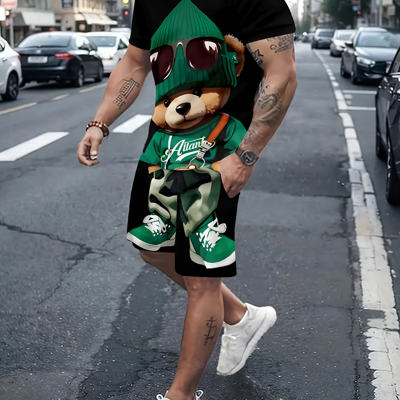 

Men' Teddy Crew Neck T-shirt And Shorts Set, Animal Pattern, Knit Polyester, Regular Fit, Short Sleeve - Novelty Clothing For Adults