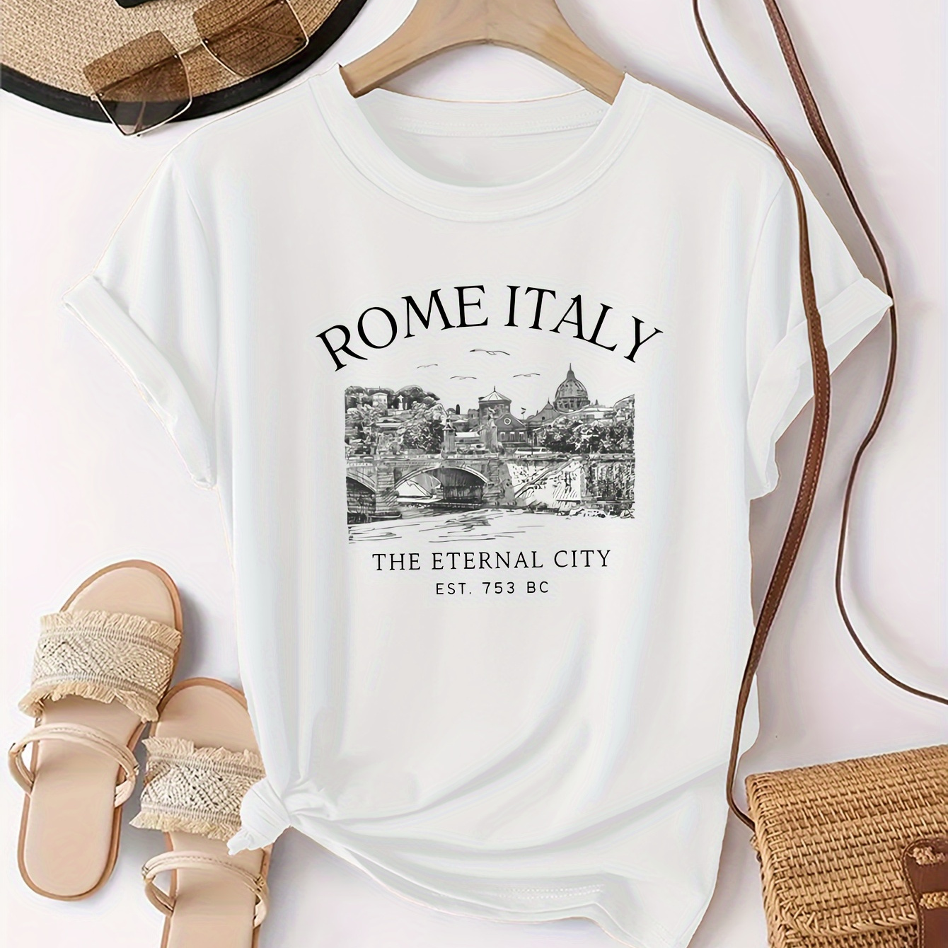 

Letter & Beautiful Roman Print T-shirt, Short Sleeve Crew Neck Casual Top For Summer & Spring, Women's Clothing