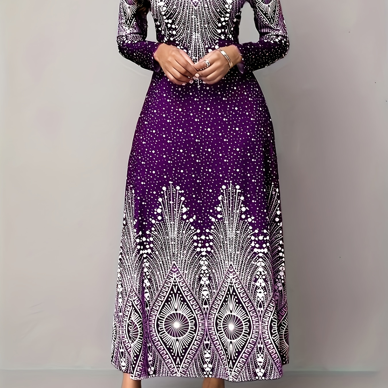 Purple & White Geometric Print Maxi Dress