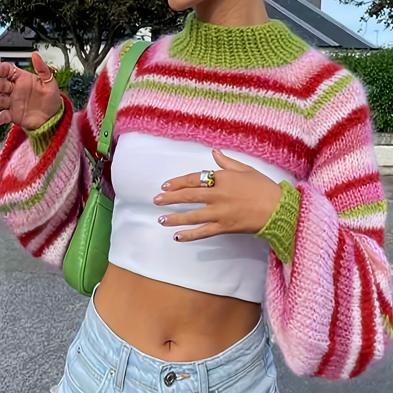 

Colorful Stripe Shrug Top, Y2k Lantern Sleeve Mock Neck Crop Sweater For Spring & Fall, Women's Clothing