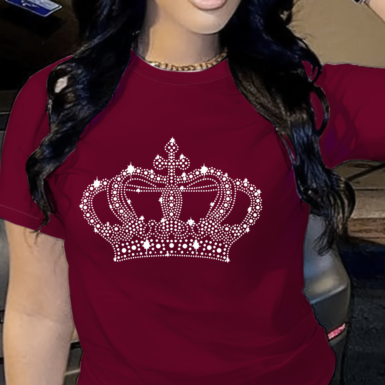 

Crown Print Crew Neck T-shirt, Short Sleeve Casual Top For Summer & Spring, Women's Clothing