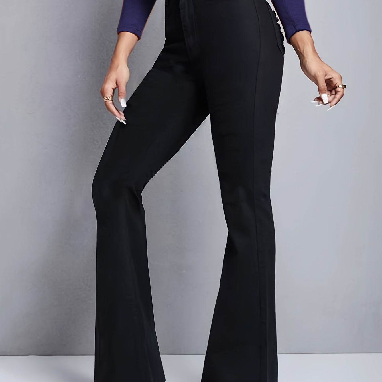 

Black High Waist Bell Bottom Jeans, High-stretch Slim Denim Pants With Pocket, Women's Denim Jeans & Clothing