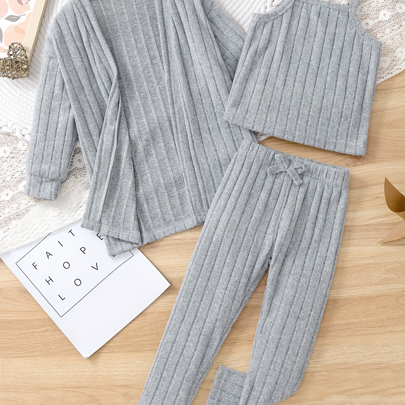 TEMU Spring/summer Girls' 3-piece Set: Striped Knit Tank Top, Open-front Cardigan, And Decorative Bow Pants - Lightweight, Stretchy Fabric, Perfect For Playtime