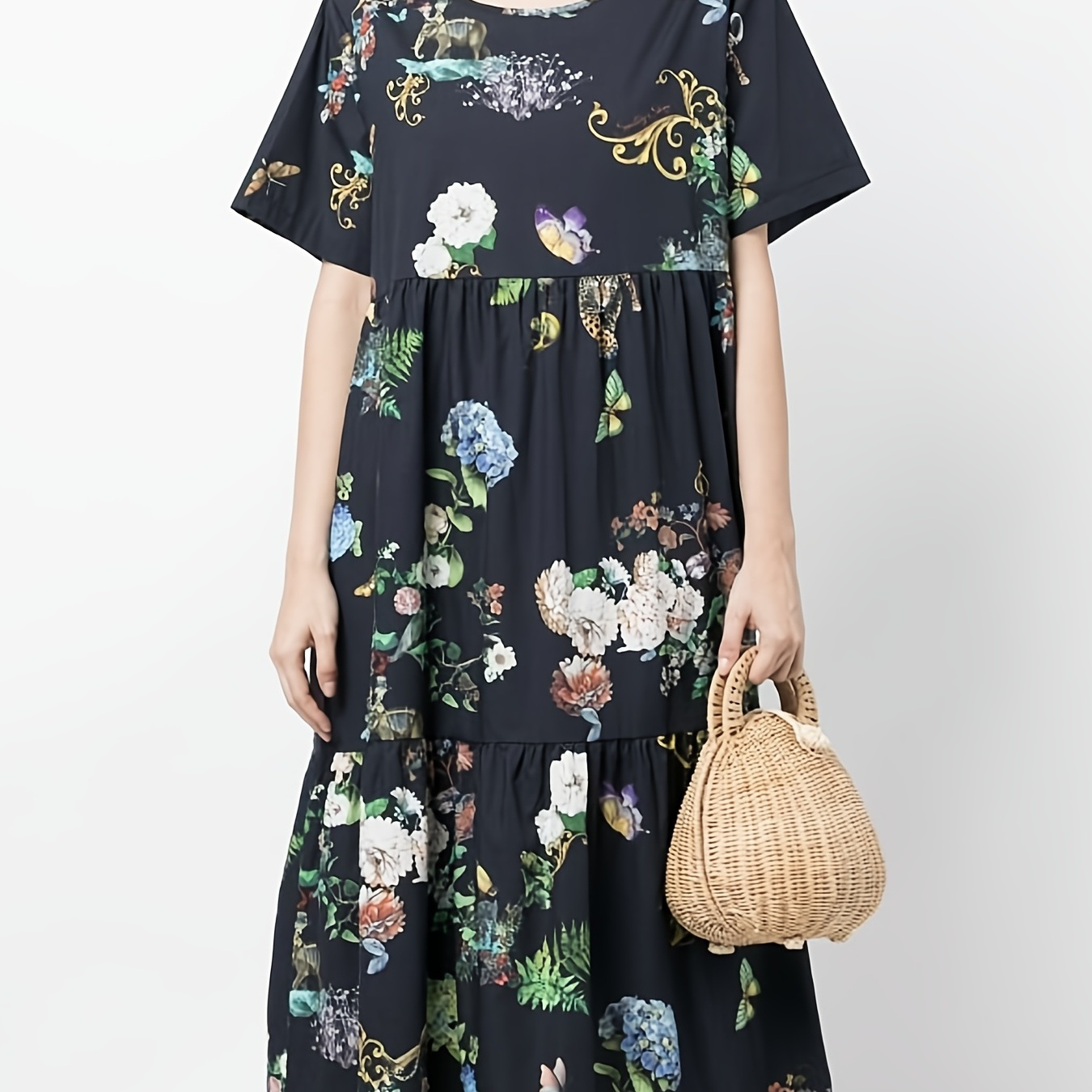 

Plus Size Casual Dress, Women's Plus Painting Print Short Sleeve Round Neck Smock Maxi Dress