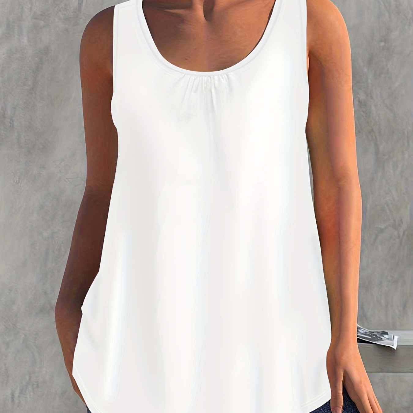 

Plus Size Basic Tank Top, Women's Plus Solid Ruched Round Neck Medium Stretch Tank Top