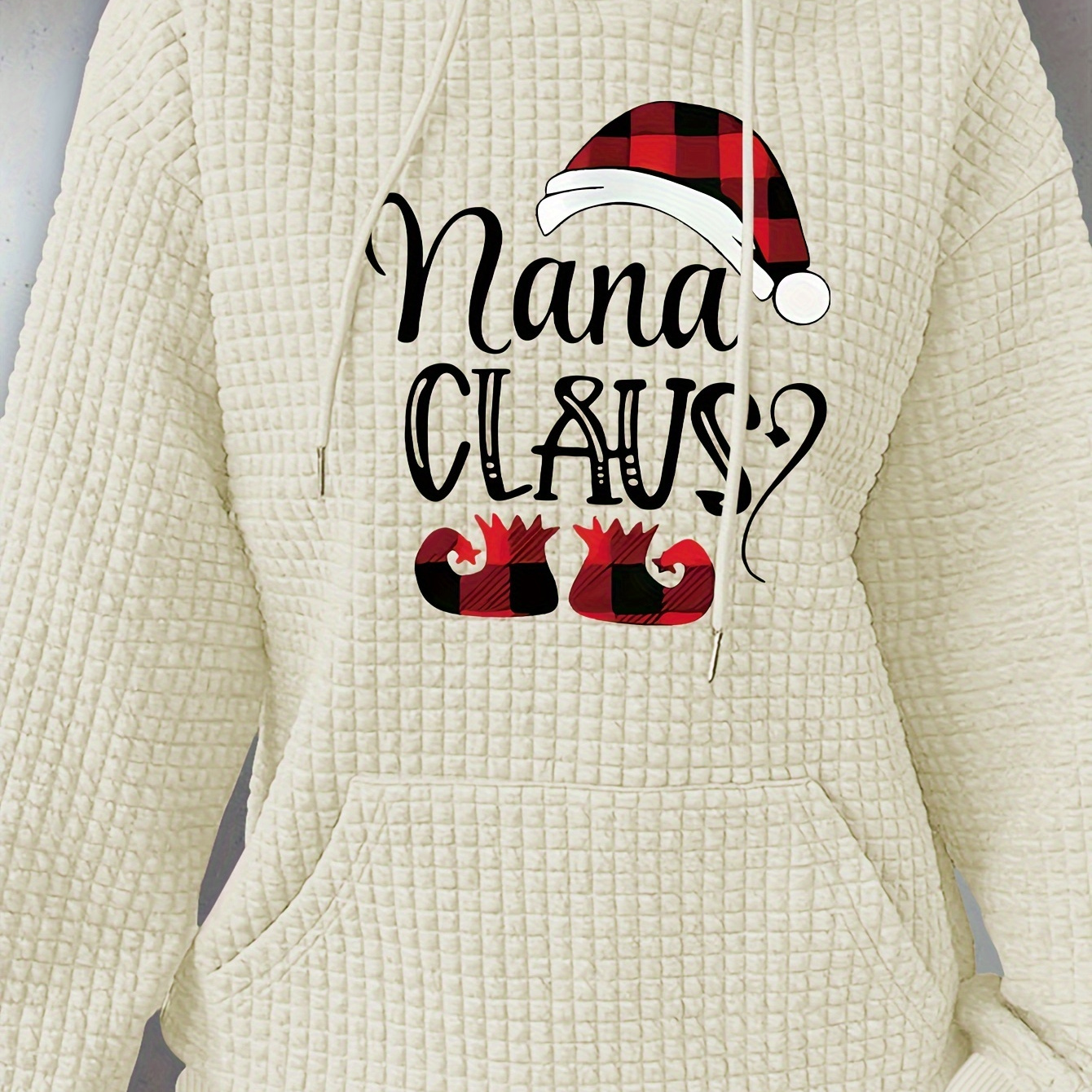 

Women's Casual Knit Waffle Hoodie With " Claus" Applique, Polyester With Spandex, Long Sleeve Pullover With Hood - Fall/winter Season