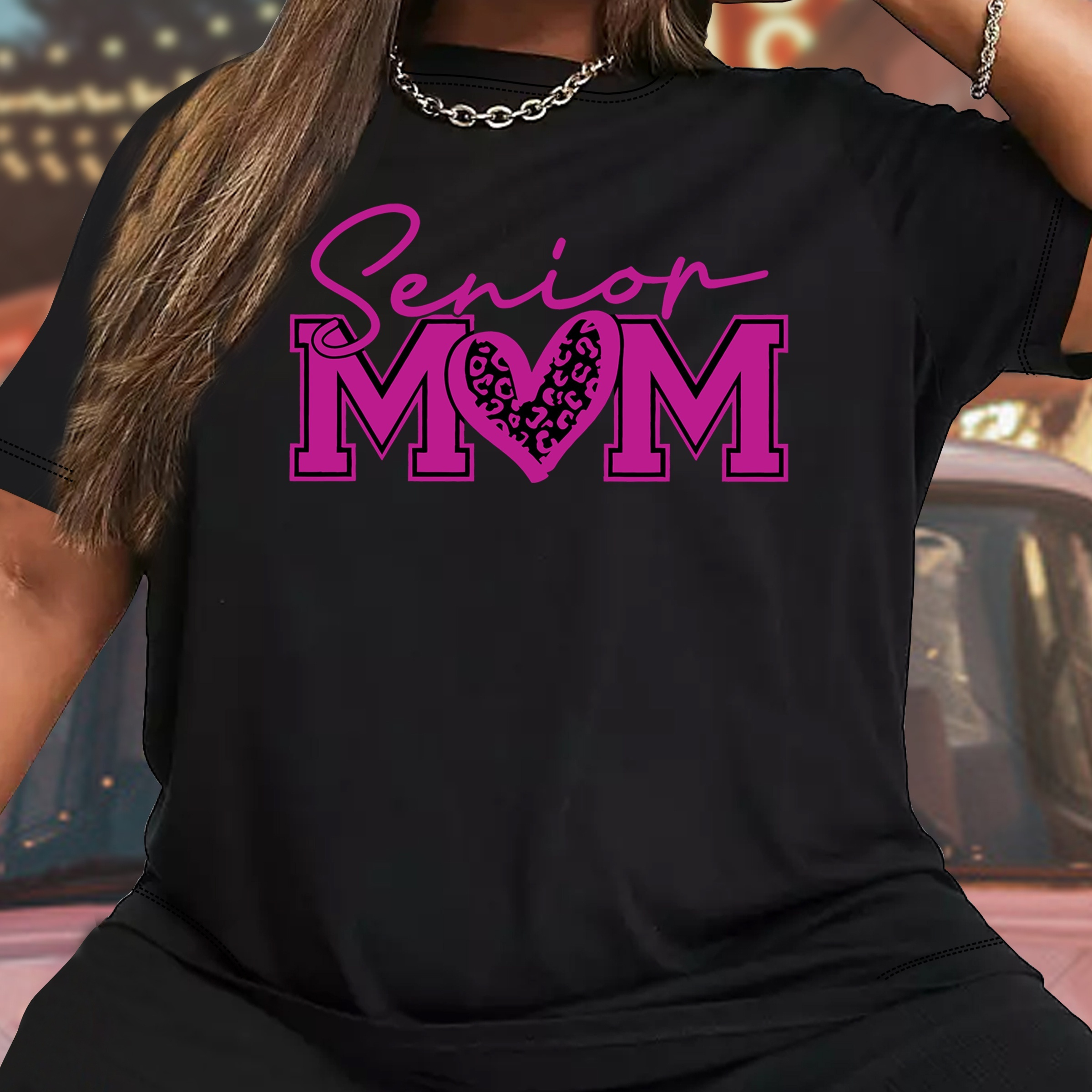 

Size Women's T-shirt With Heart & Letter Print - Casual Short Sleeve, Round Neck Top In Black
