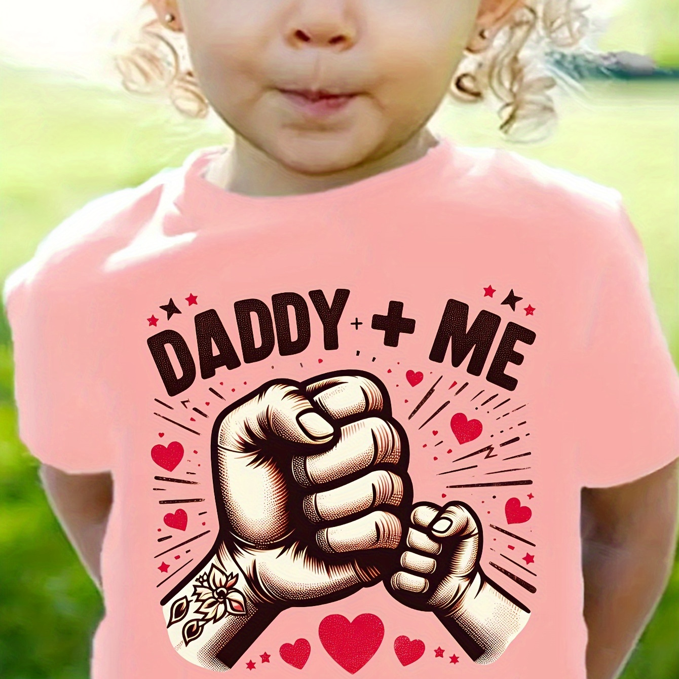 

Daddy Plus Me & Fists Graphic Print, Girls' Casual & Comfy Crew Neck Short Sleeve Tee For Spring & Summer, Girls' Clothes For Everyday Activities