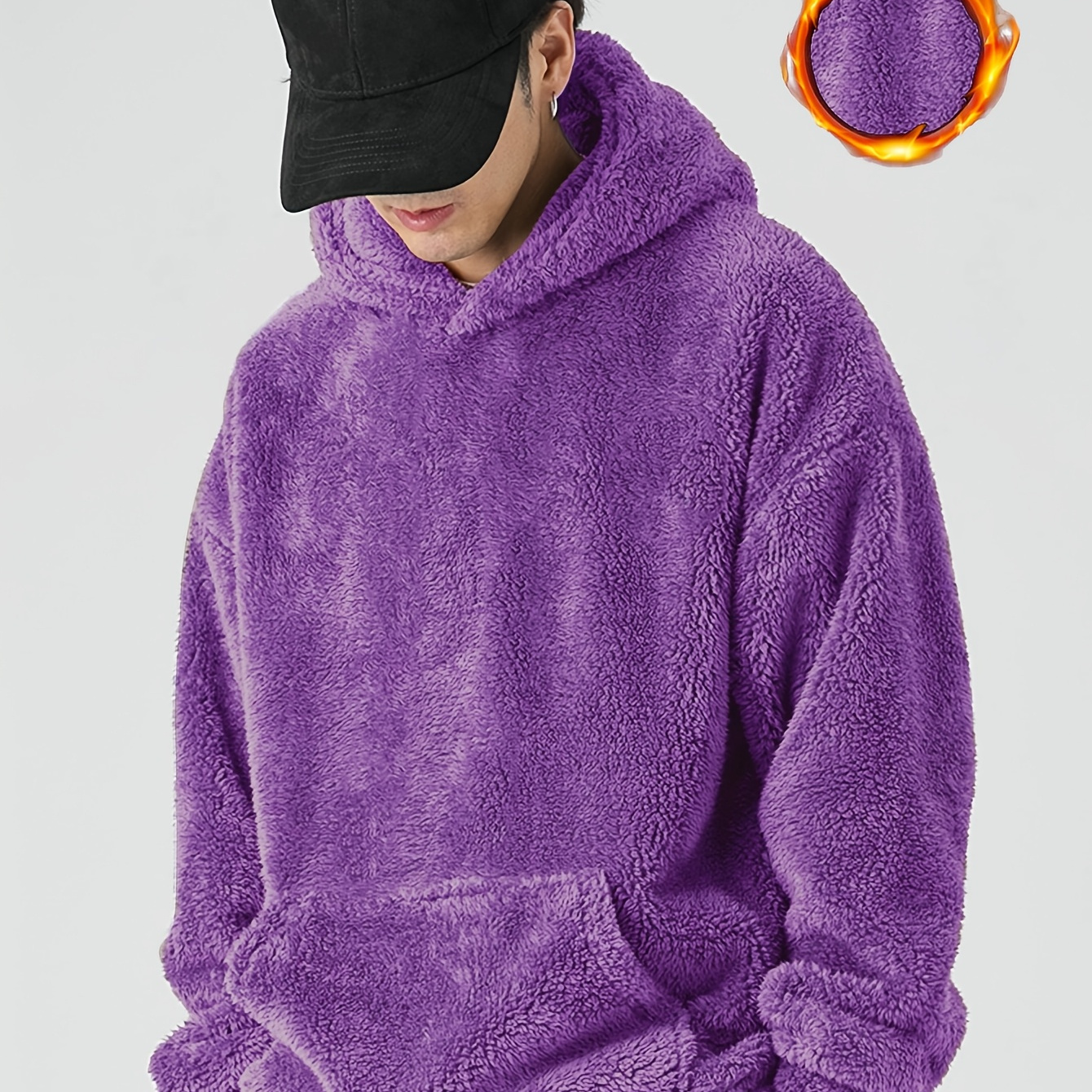 

Sweat à Capuche en Grande Taille pour Homme - Pull Décontracté en Peluche avec Poche , Manches Longues, Couleur Unie