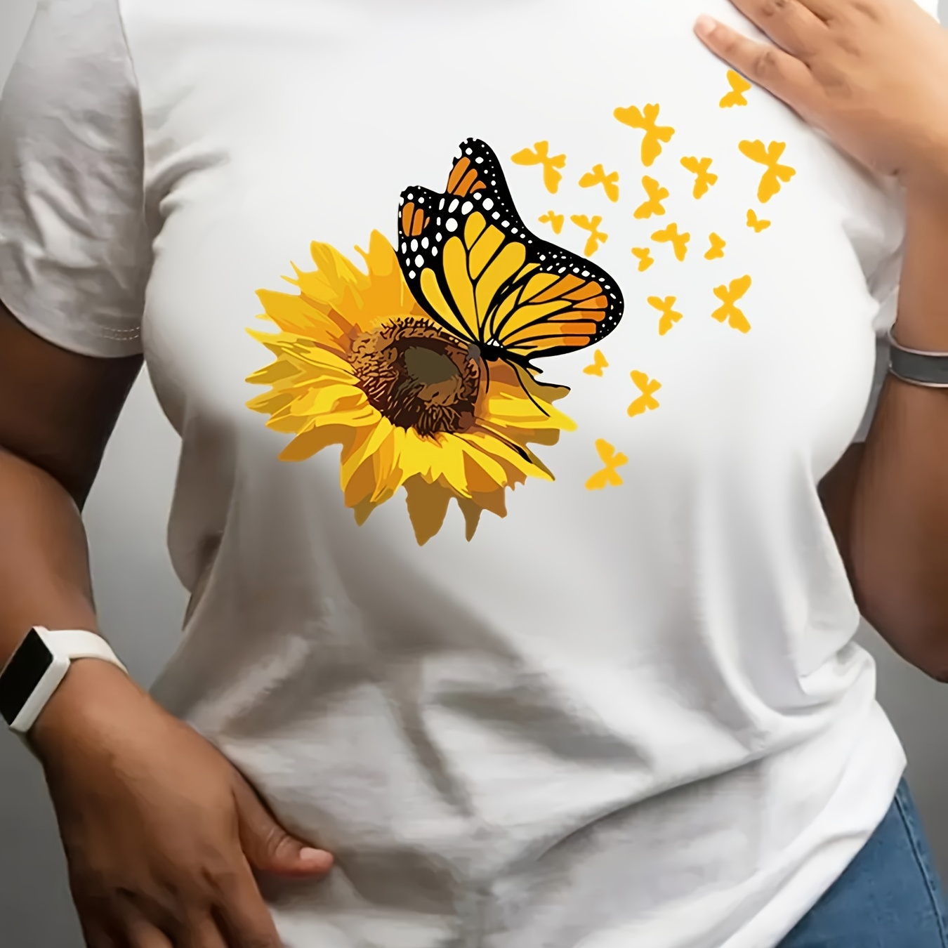 

Plus Size & Sunflower Print T-shirt, Casual Short Sleeve Top For , Women's Plus Size Clothing