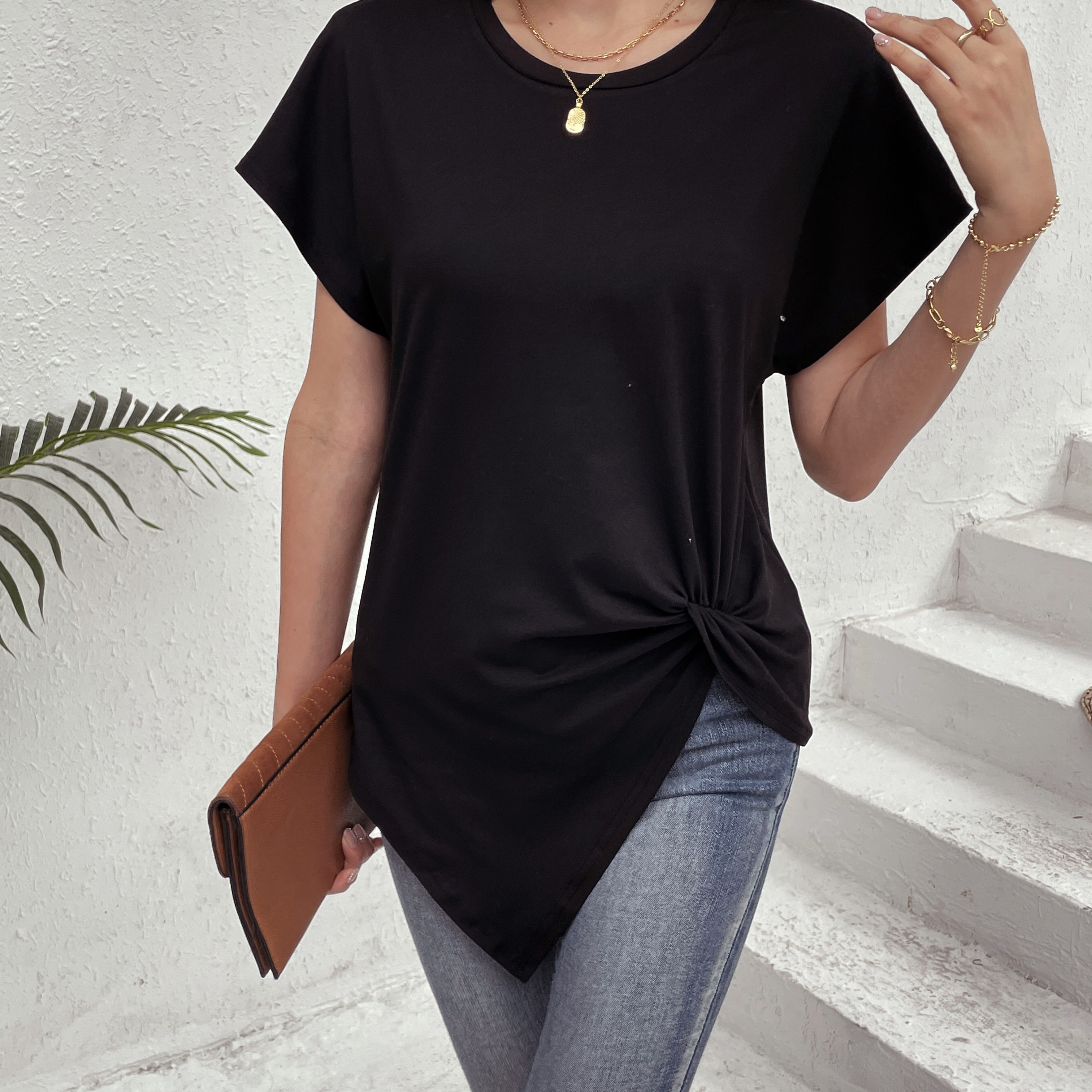 

Solid Twist Front T-shirt, Casual Short Sleeve Top For Spring & Summer, Women's Clothing