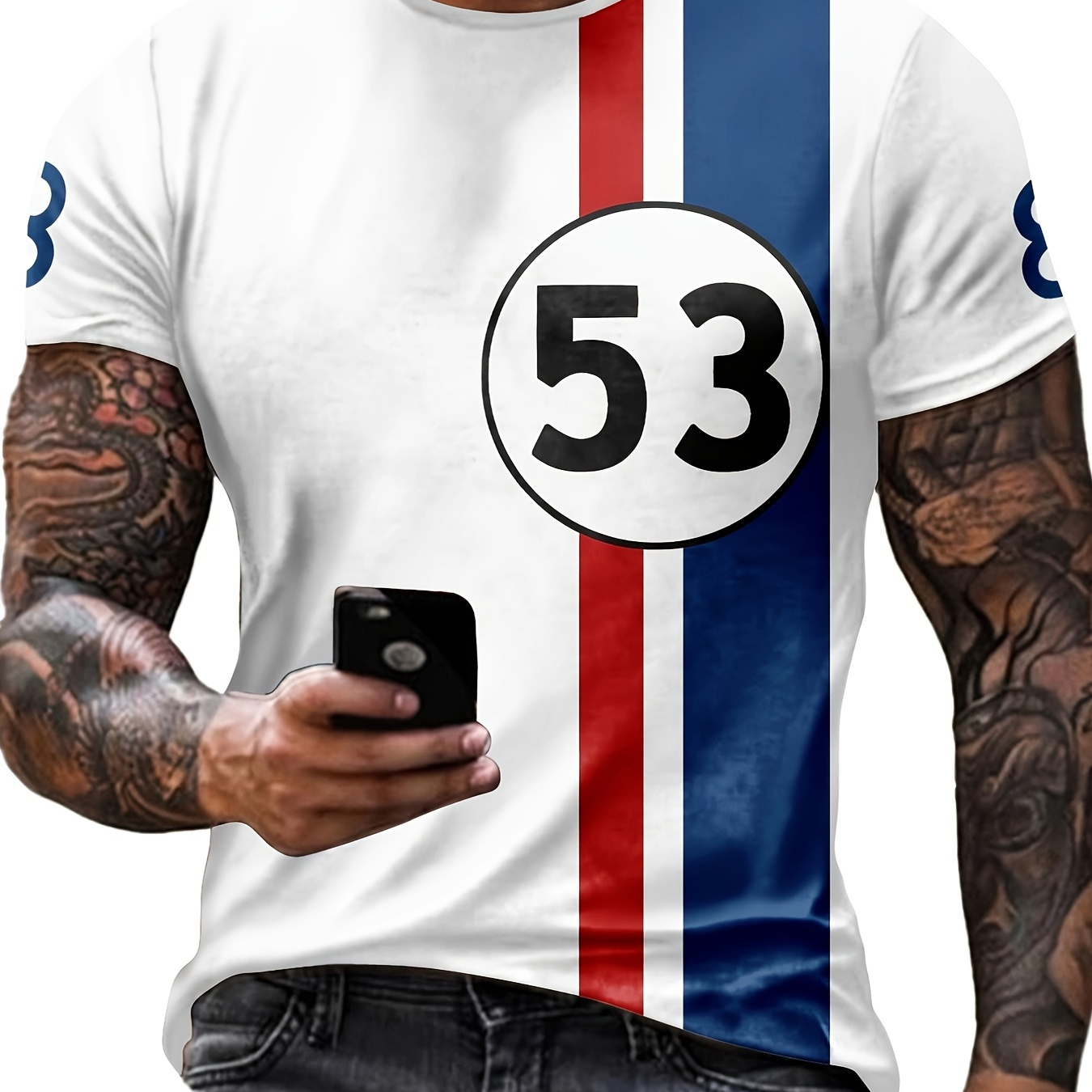 

Men's #53 Print And Color Block Striped T-shirt, Crew Neck And Short Sleeve Tee, Classic And Chic Tops For Summer Outdoors Leisurewear