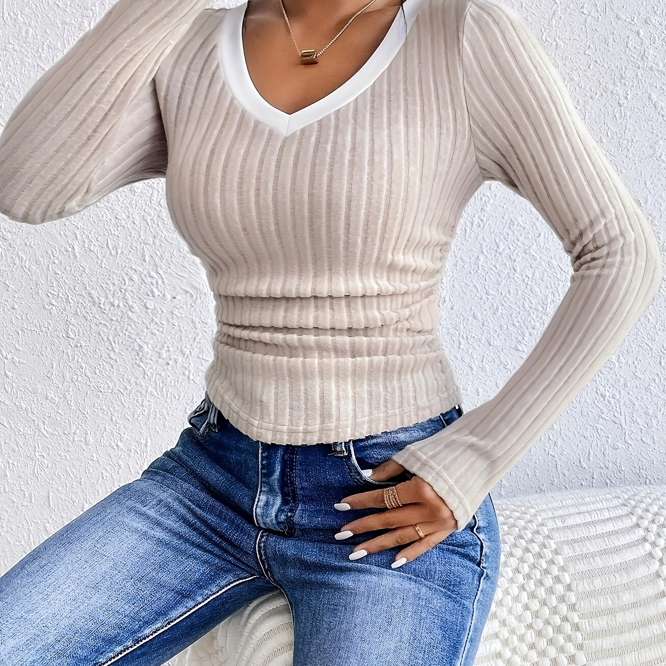 

Color Block Ribbed Long Sleeve T-shirt, Elegant V Neck Ruched Top For Spring & Fall, Women's Clothing