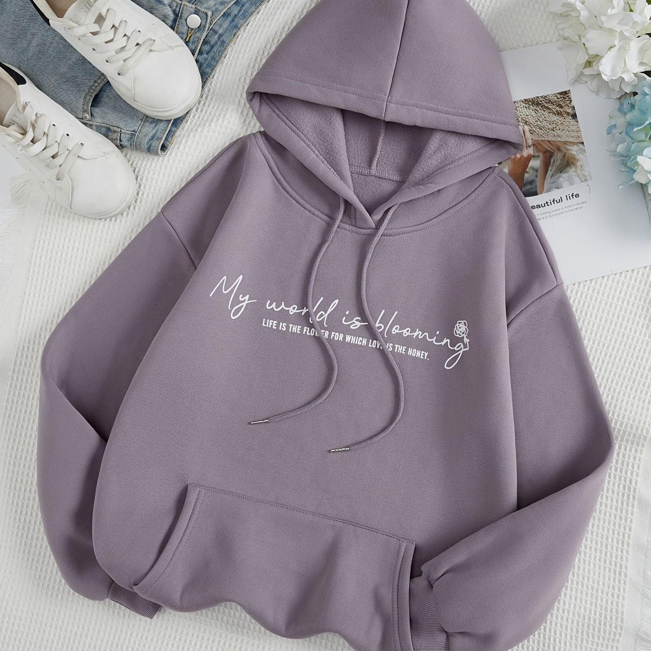 

Elegant Letter Print Drawstring Hoodie With Kangaroo Pocket - Cozy Polyester, Hand Washable - Women'