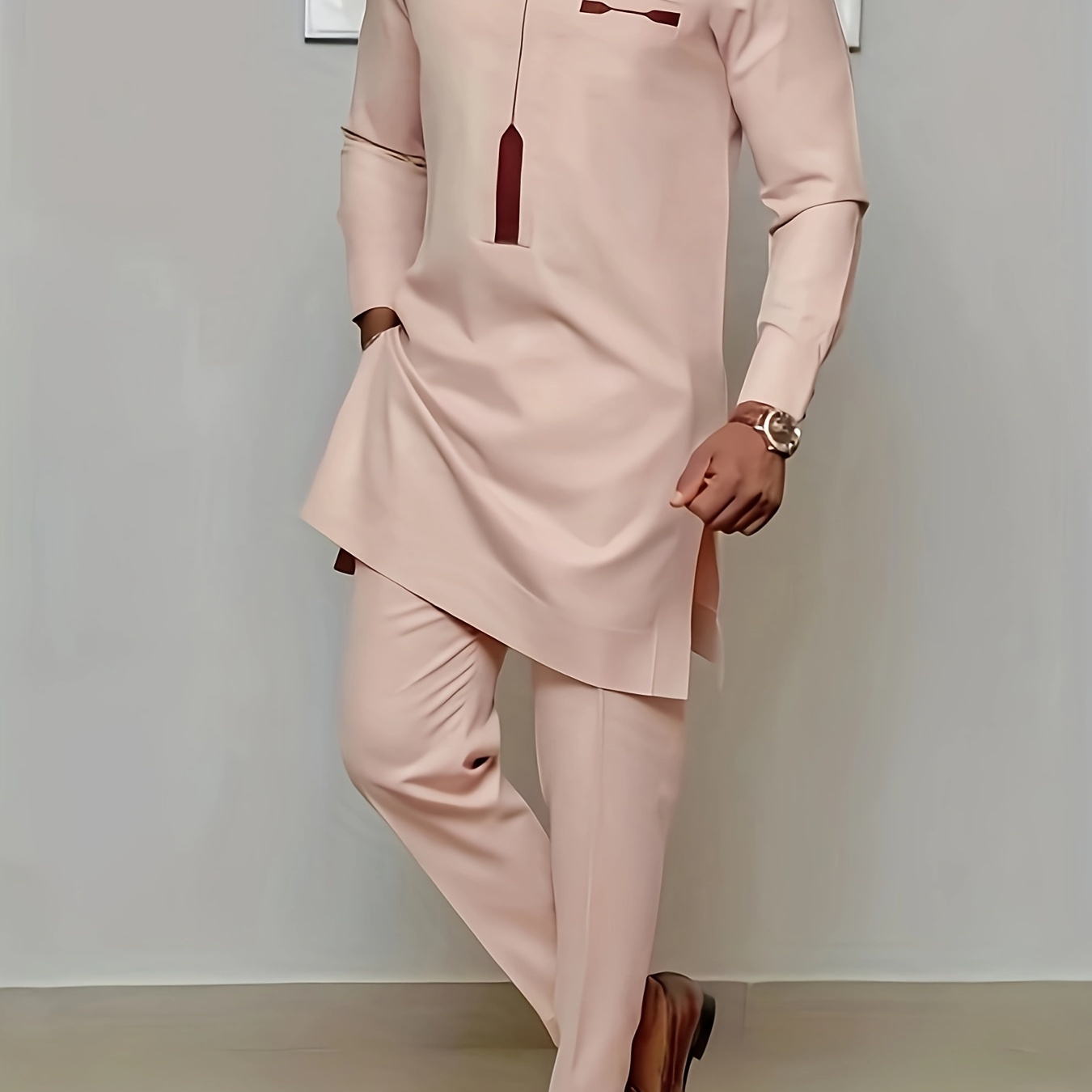 

Ethnic Style 2-piece Outfit, Men's Traditional Suit Long Sleeve Button Up African Shirt And Pants Set