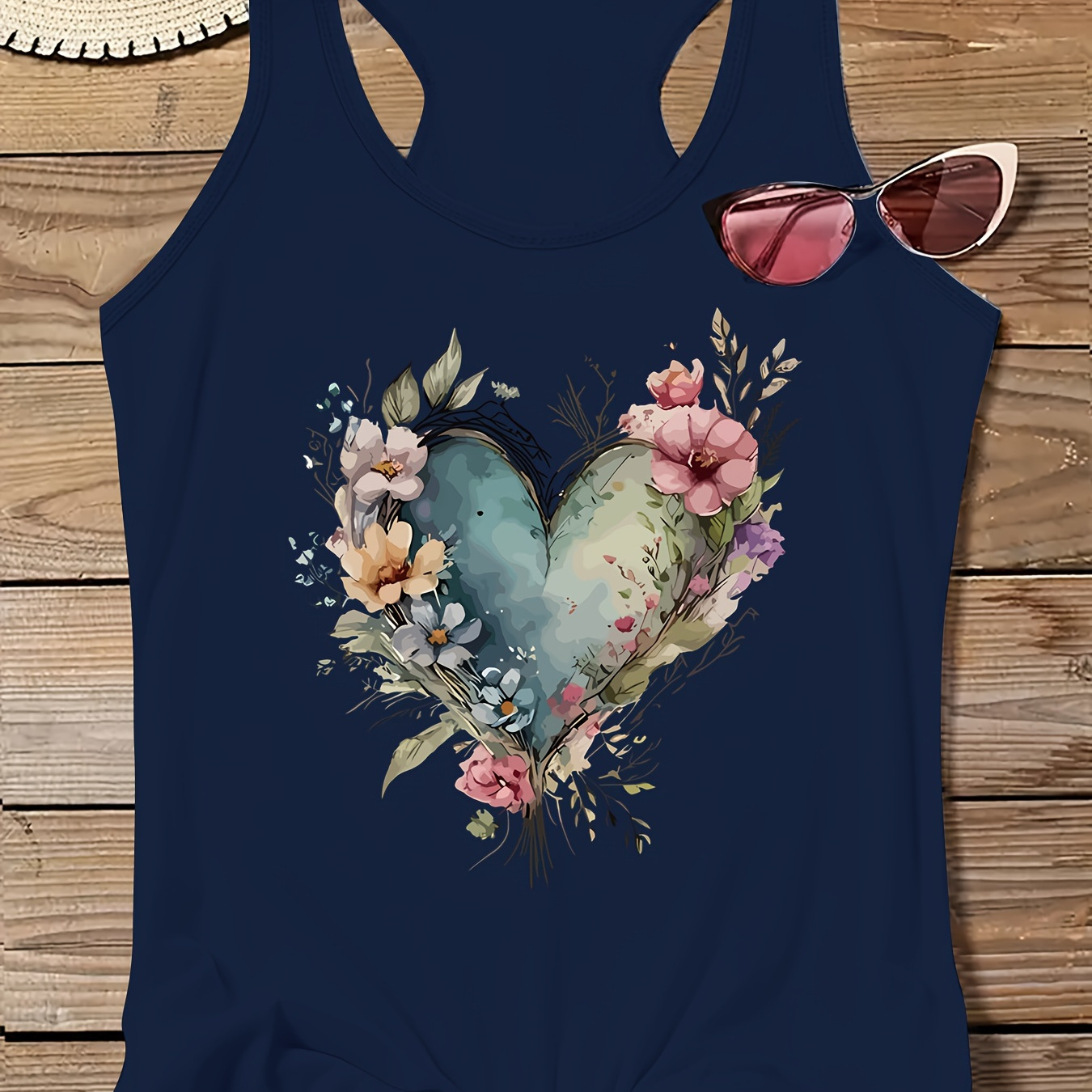 

Plus Size Floral Heart Print Tank Top, Casual Crew Neck Sleeveless Top For Summer, Women's Plus Size Clothing