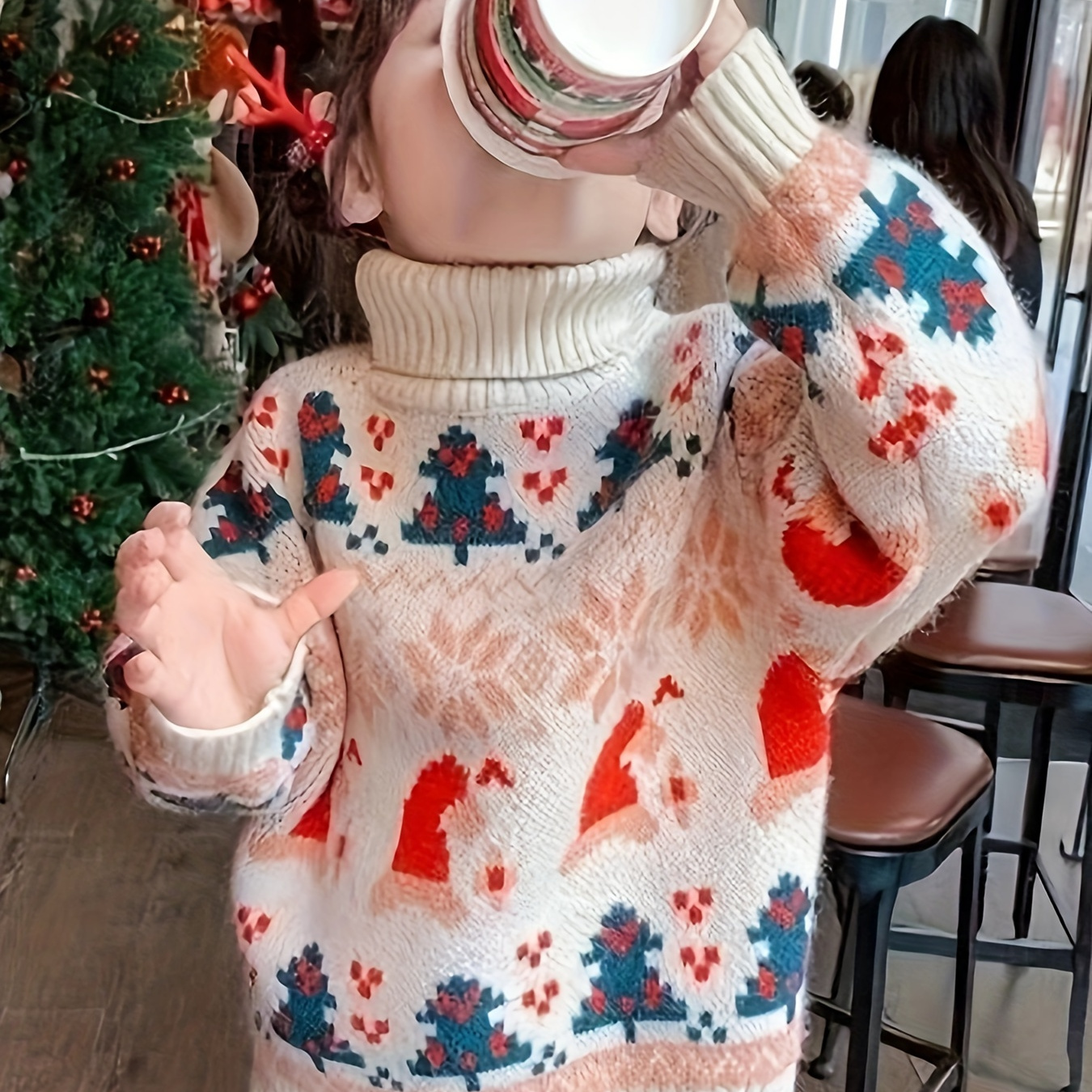 

Cozy & Cute Girls' Fleece-lined Turtleneck Sweater - Cartoon Reindeer Knit Pullover For Winter, Machine Washable