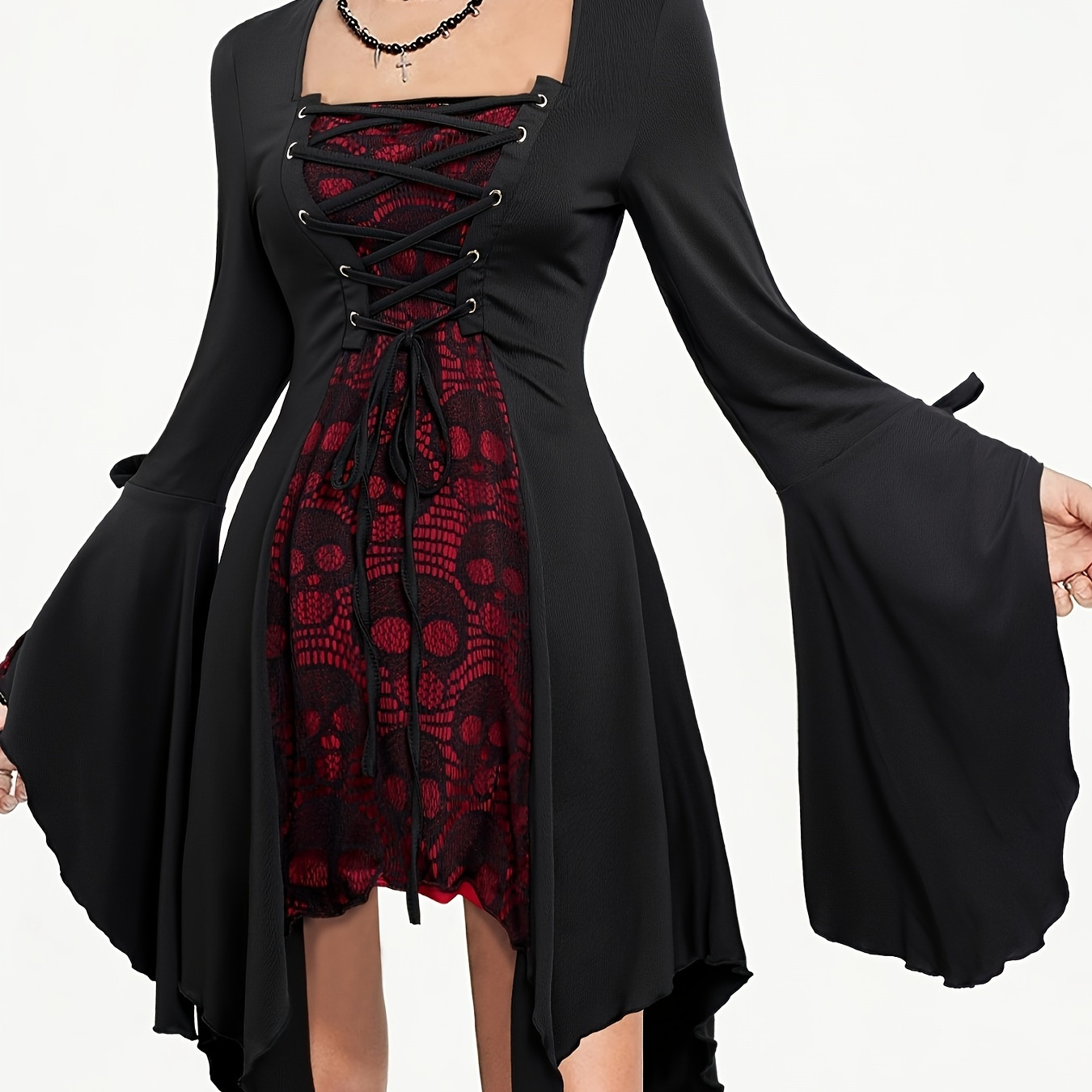 

Plus Size Lace-up Dress With Square Neck And Bell Sleeves, Casual Knit Fabric With Medium Stretch, Polyester Spandex , Gothic Skull Pattern, Detail, Fitted Design - Spring/fall Season