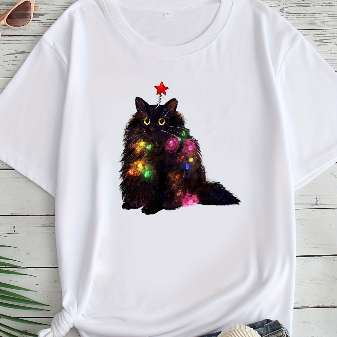 

Plus Size Casual Crew Neck T-shirt With Christmas Cat Print - Polyester Blend, Slight Stretch, Knit Fabric, 95% Polyester 5% Cotton - All Season Wear