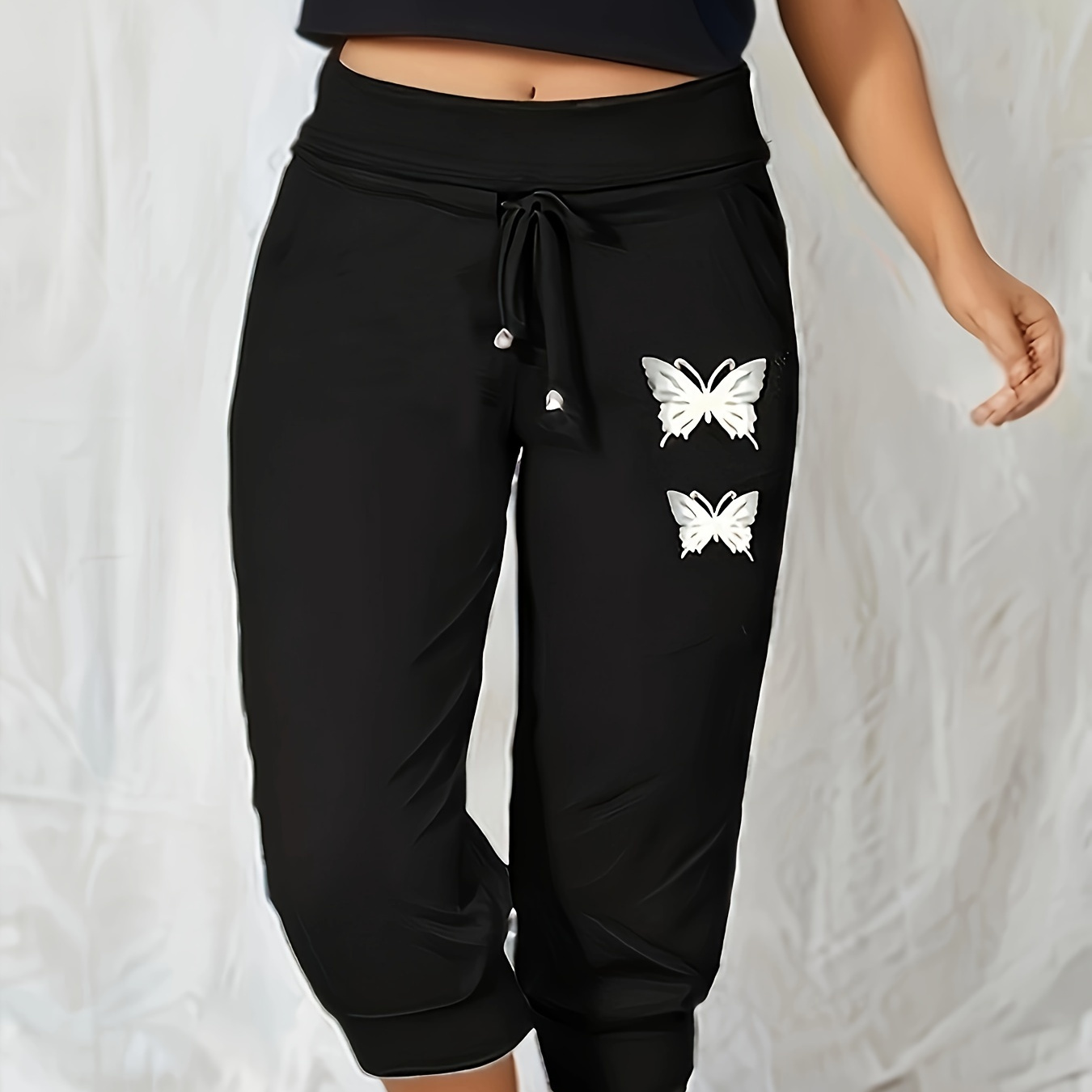 

Butterfly Print Cropped Pants, Casual Drawstring Waist Capris Pants, Women's Clothing