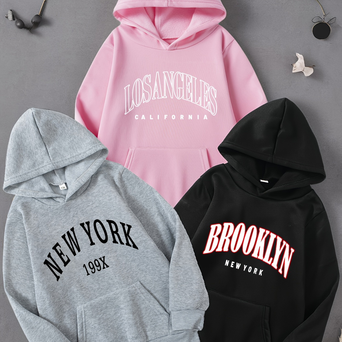 

3pcs New York/los Angeles/brooklyn Words Print Girl's Autumn And Winter Comfy Trendy Long Sleeves Kangaroo Pocket Hoodie For Outdoor Activities