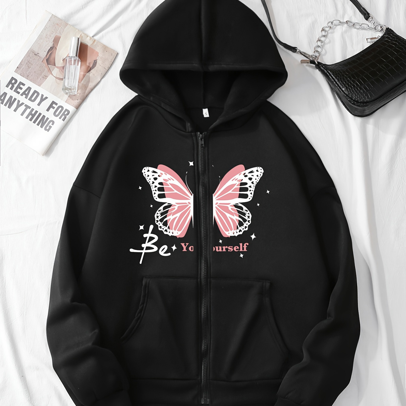 

Butterfly Print Zip Front Hoodie, Casual Kangaroo Pocket Long Sleeve Hooded Sweatshirt, Women's Clothing